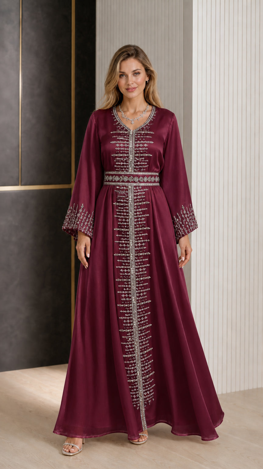 Front view of Burgundy embroidered satin kaftan maxi dress