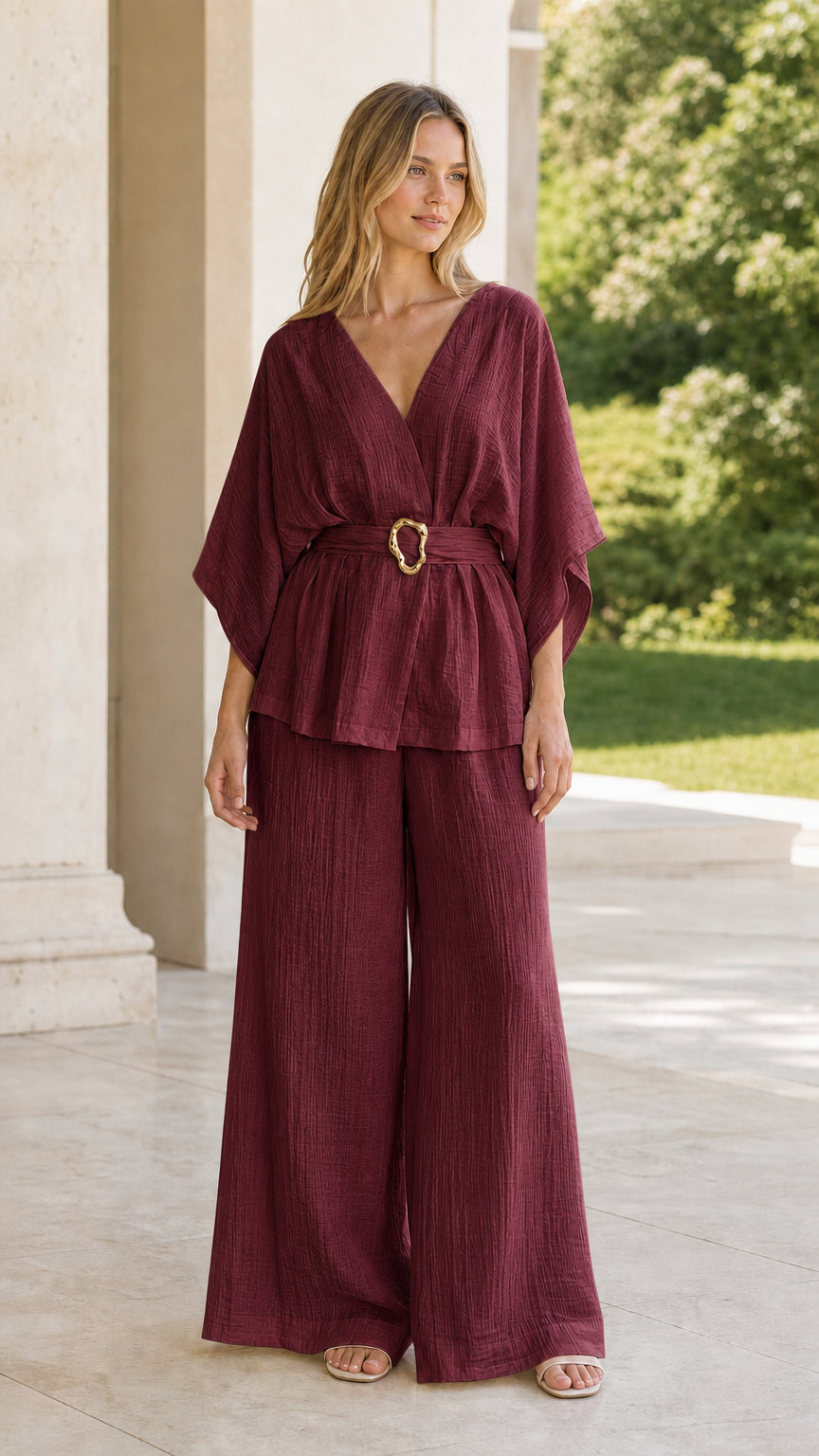 Model wearing burgundy wine belted kimono top and wide-leg pant set