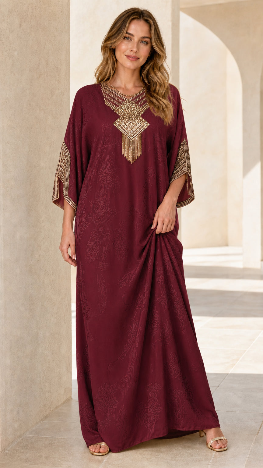 Model wearing Burgundy embellished kaftan maxi dress