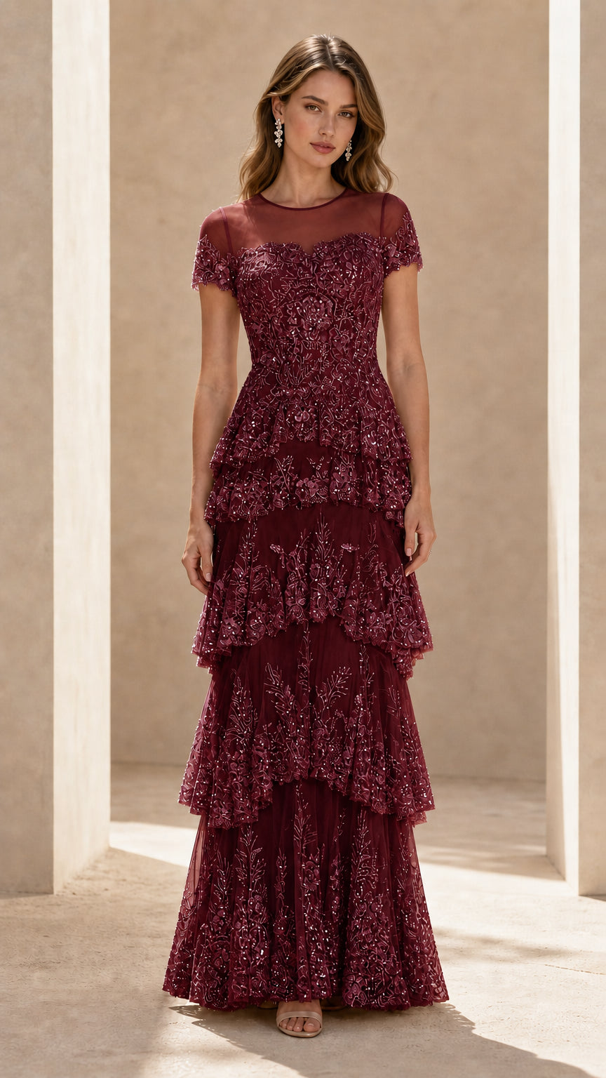 Front view of burgundy wine sequin tiered maxi formal gown