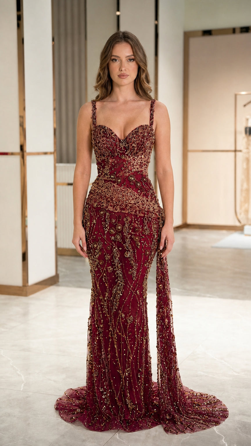 Front view of model wearing burgundy red sequin and bead embellished evening gown