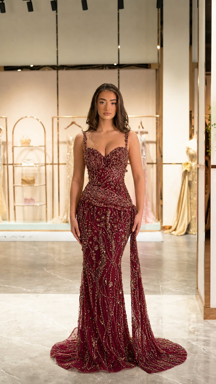 Burgundy red beaded mermaid evening gown with draped waist accent