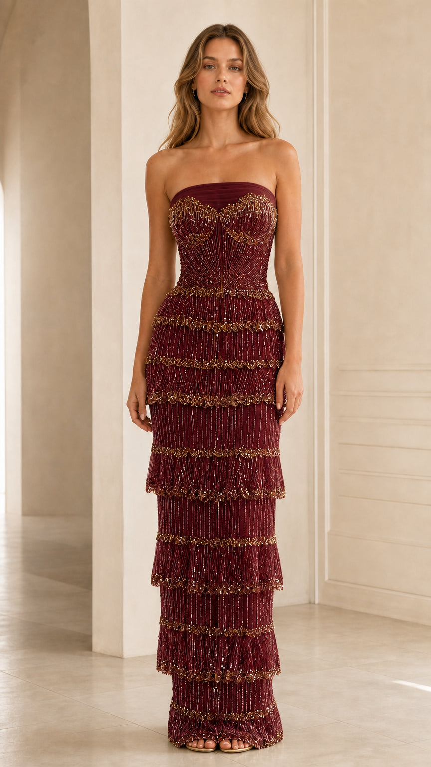 Front view of model in Burgundy strapless beaded tiered fringe maxi gown