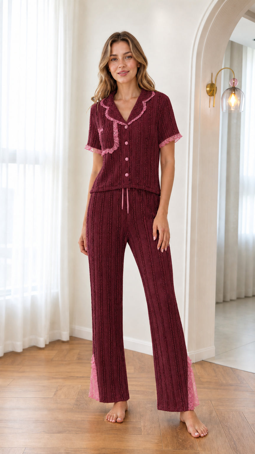 Burgundy wine red knit two-piece pajama set with pink lace trim on model