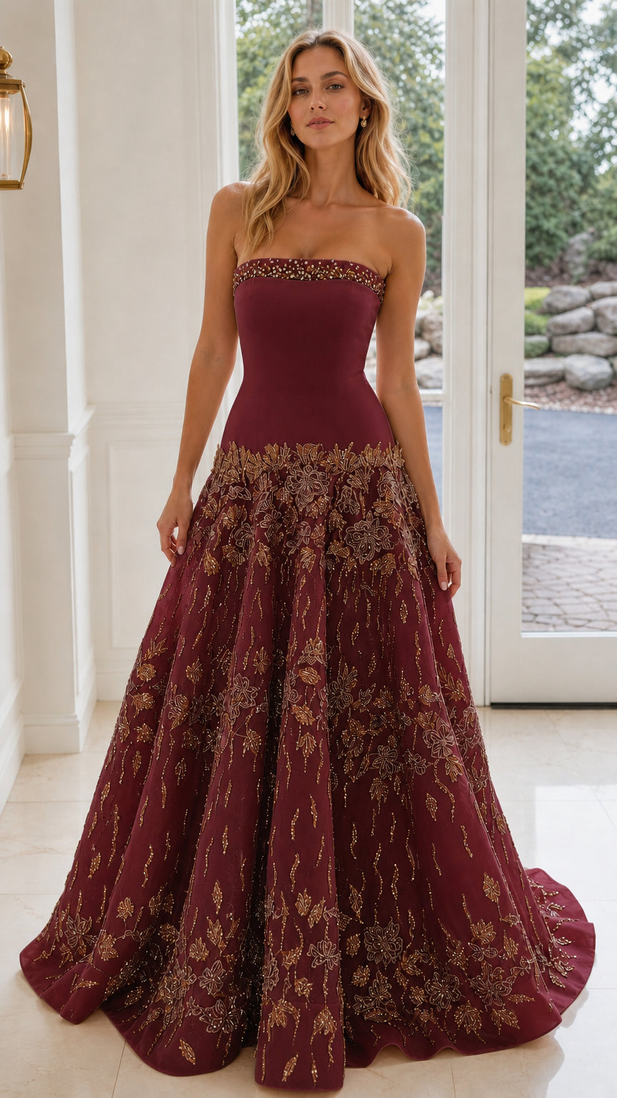 Burgundy strapless evening dress with embroidered floral beadwork