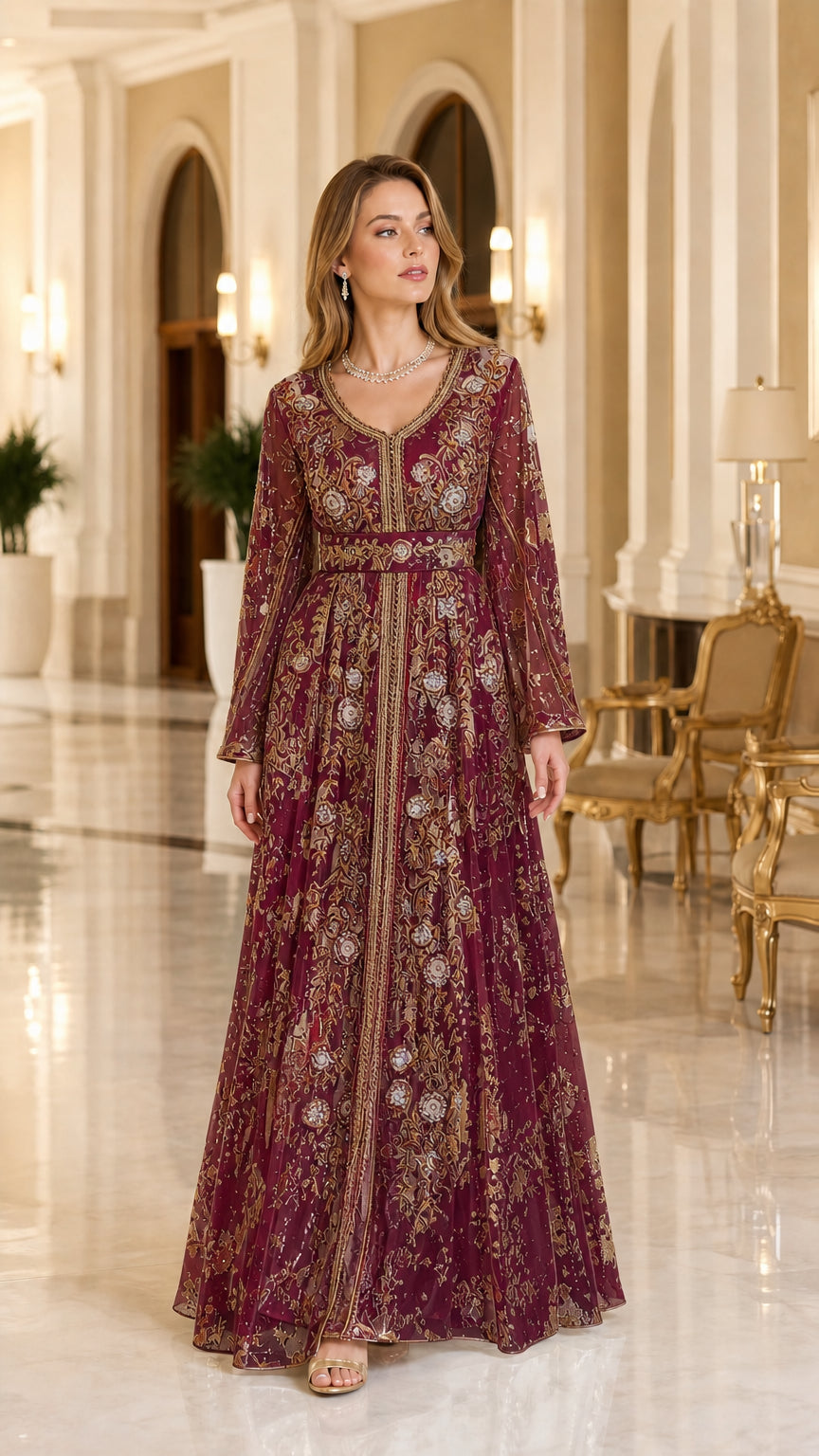 Model wearing burgundy wine and gold embroidered evening kaftan maxi gown