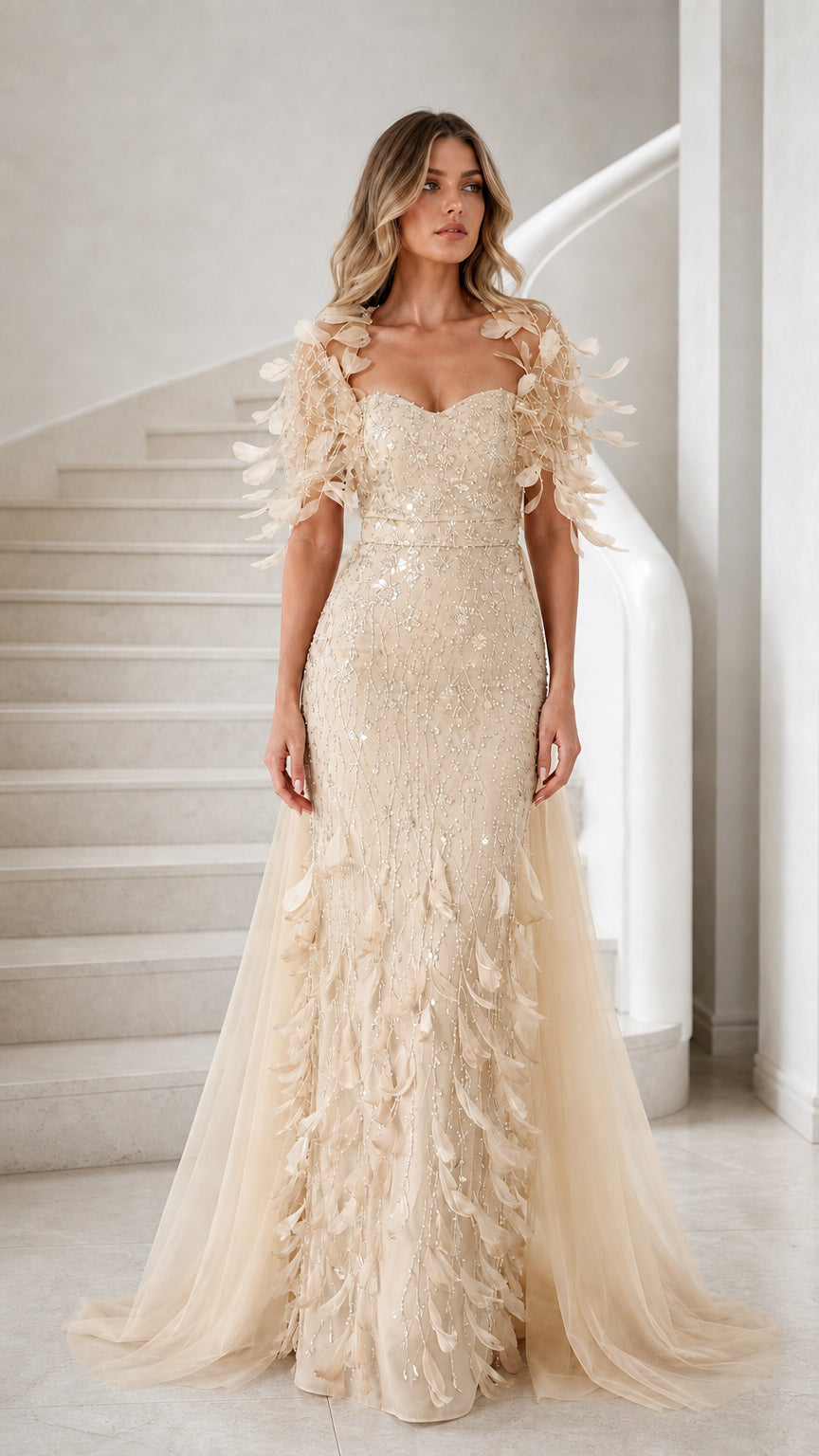Champagne gold sequin embroidered gala dress with feather cap sleeves