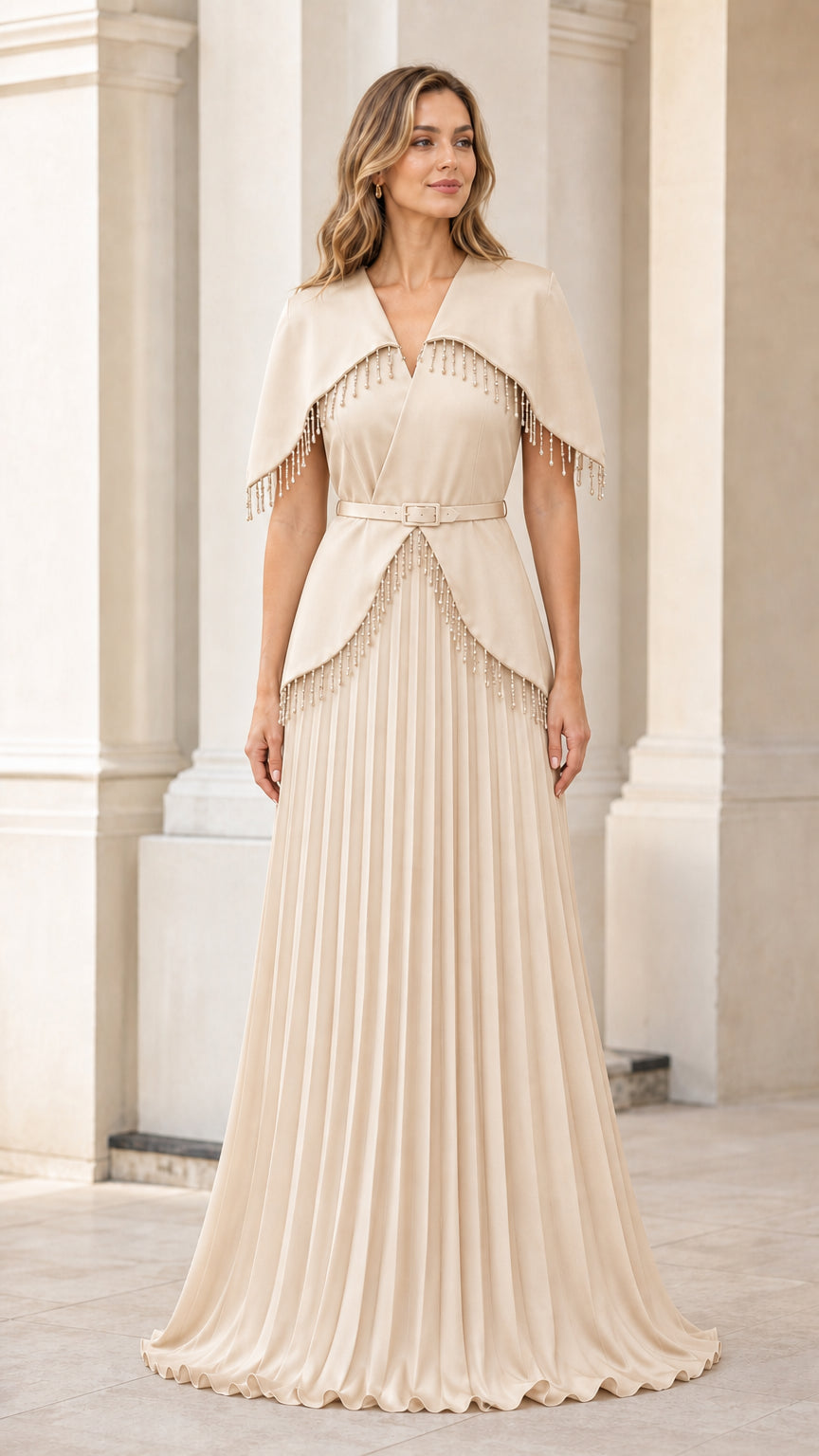 Champagne cream beaded capelet pleated maxi evening gown on model