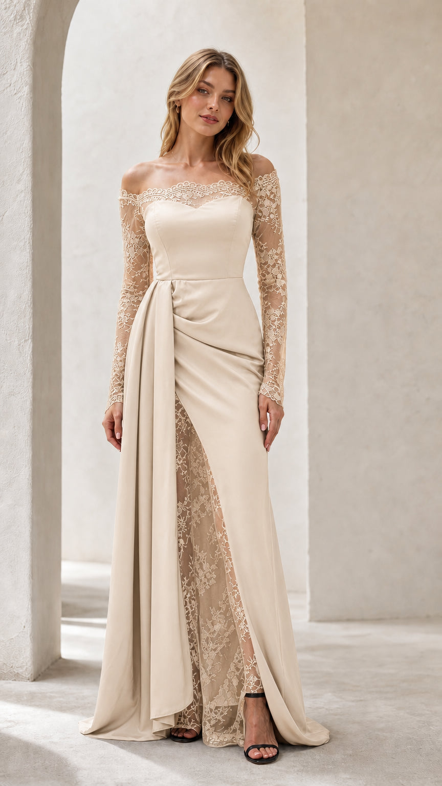 Champagne cream off-the-shoulder lace formal gown with side drape