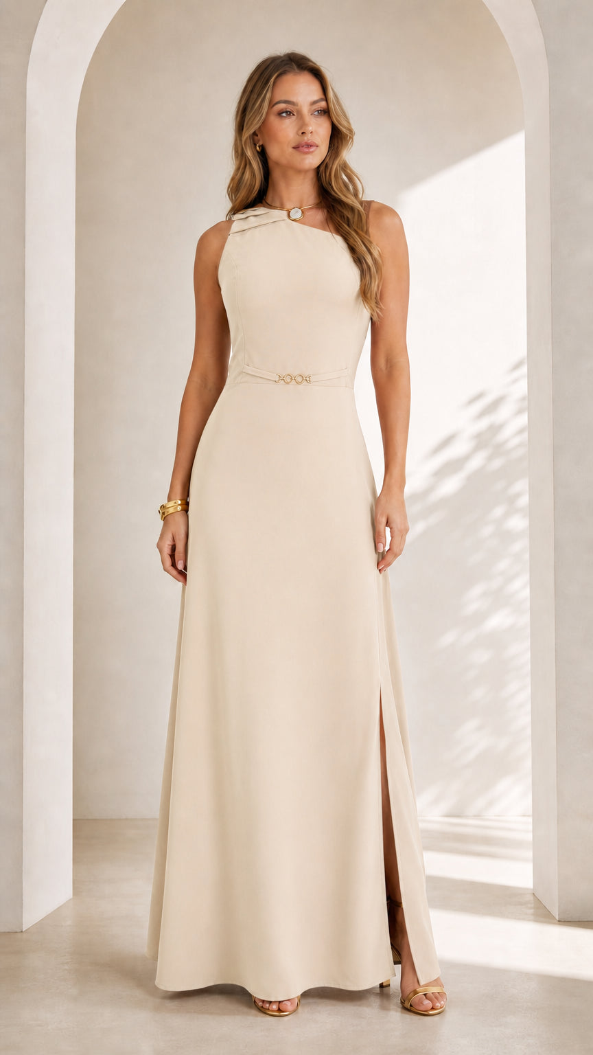 Front full view of woman wearing champagne beige sleeveless asymmetrical maxi dress