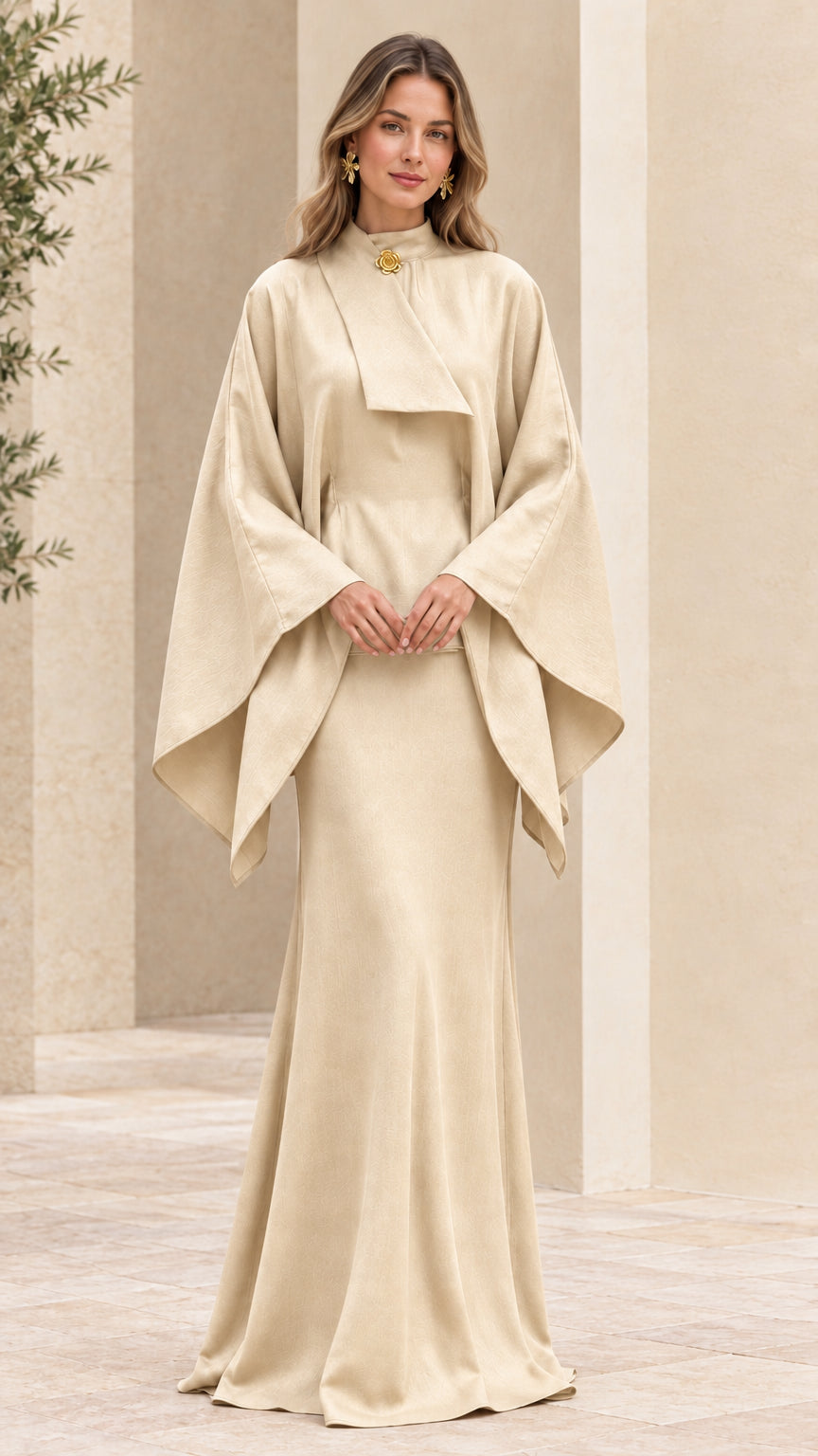 Full front view of champagne beige cape sleeve formal maxi dress