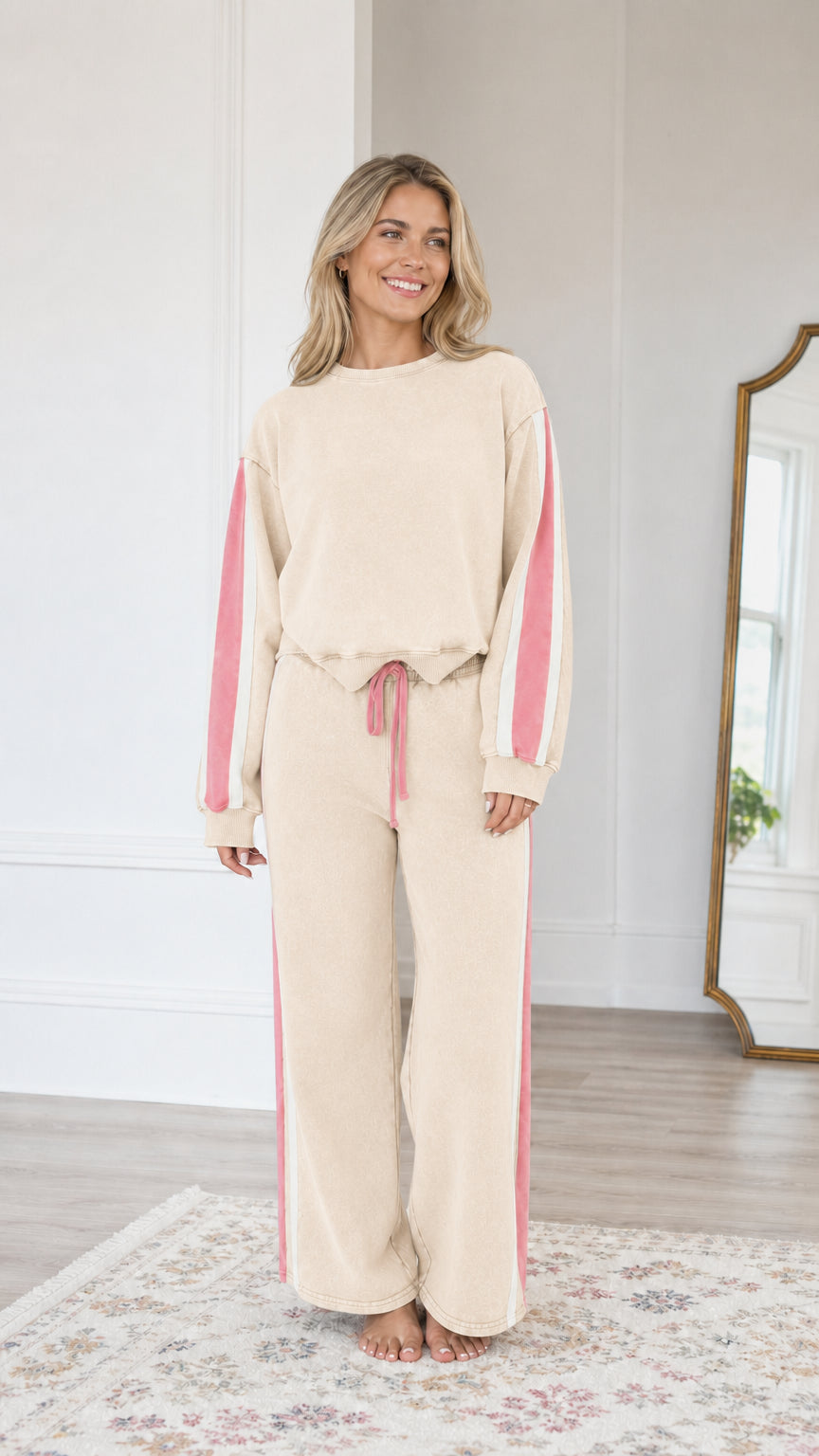 Front view of model wearing the Cream beige vintage washed sweatshirt and wide-leg sweatpants set