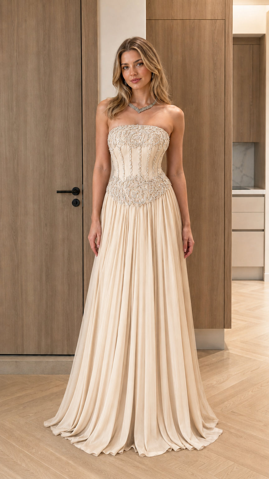 Model wearing champagne cream strapless beaded corset pleated ball gown