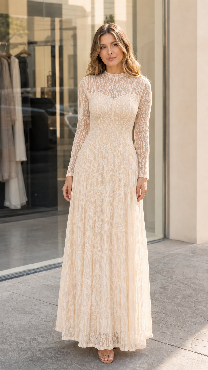 Model wearing the long sleeve lace illusion maxi dress in warm Champagne