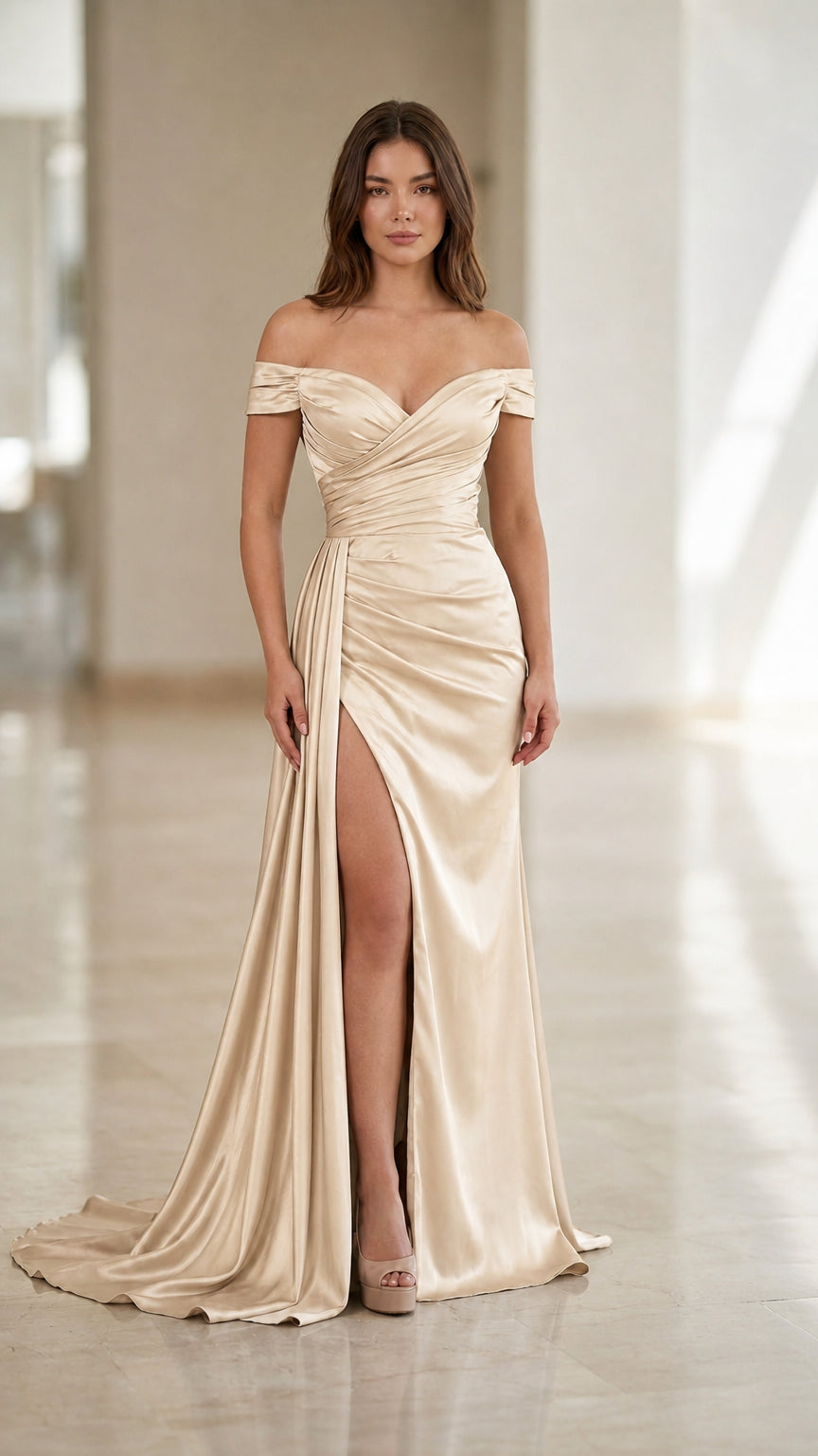 Front view of champagne gold off-the-shoulder satin formal dress