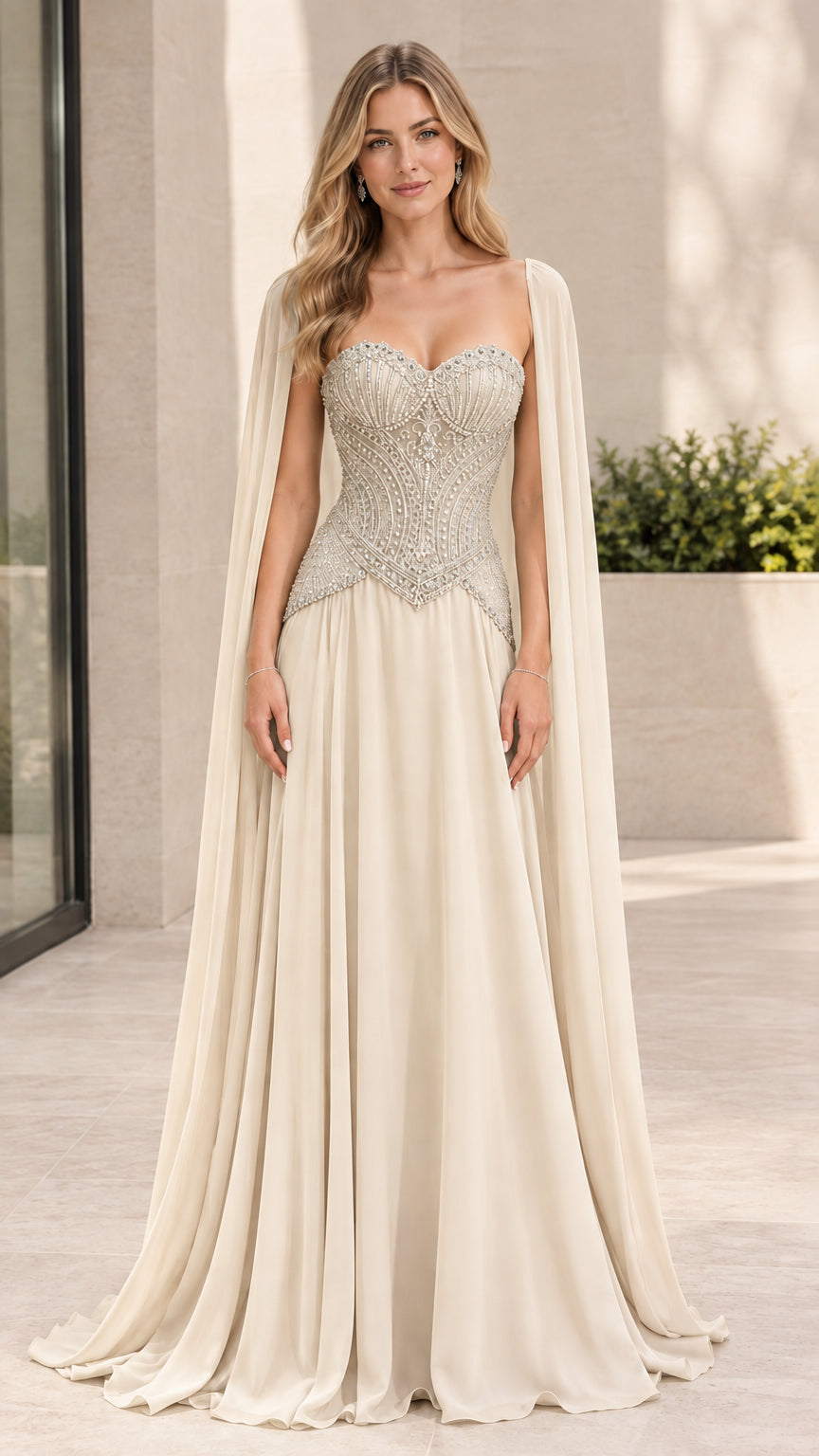 Front view of champagne ivory embellished sweetheart cape maxi gown