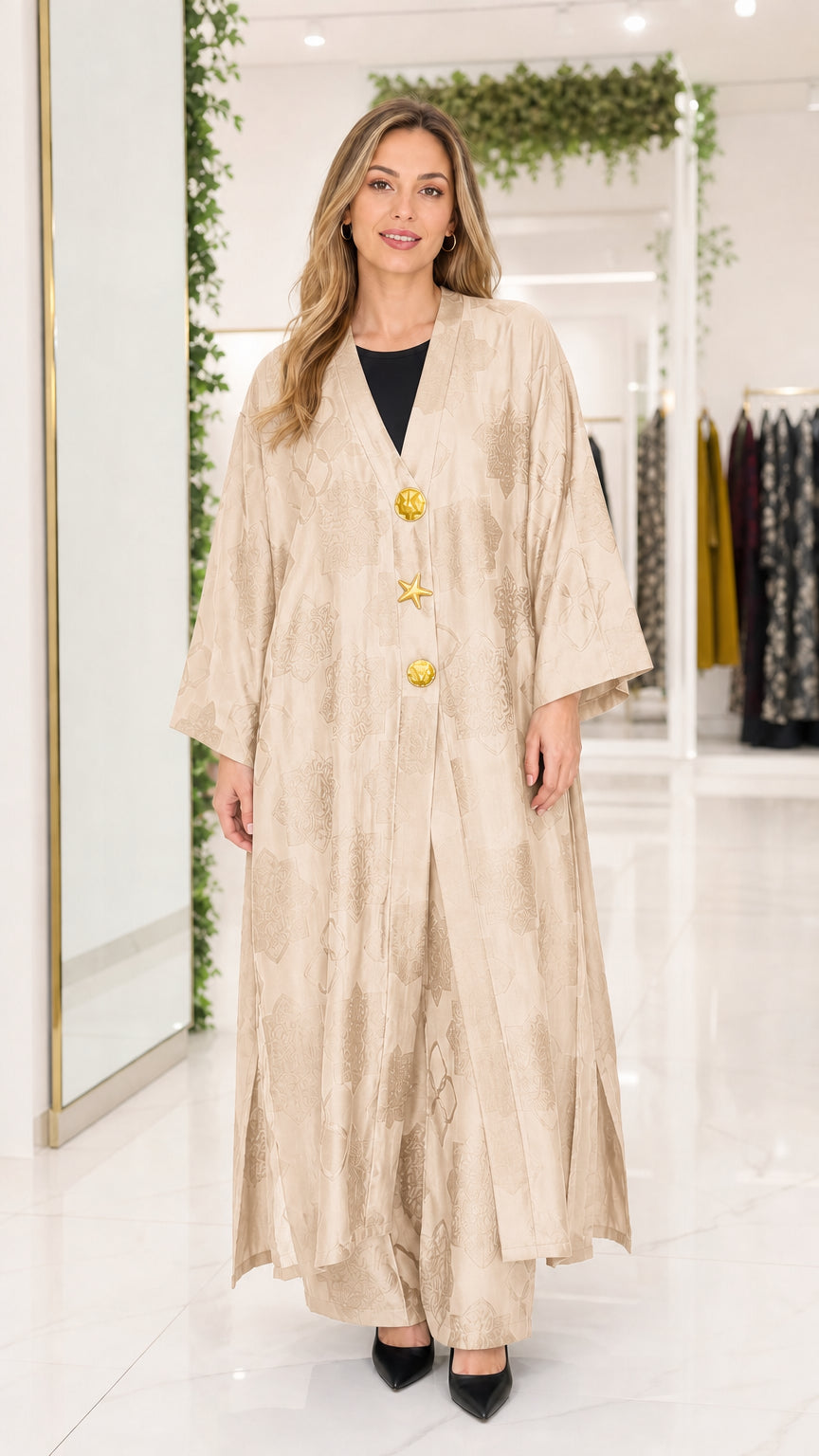 Front view of champagne beige jacquard maxi abaya with gold buttons