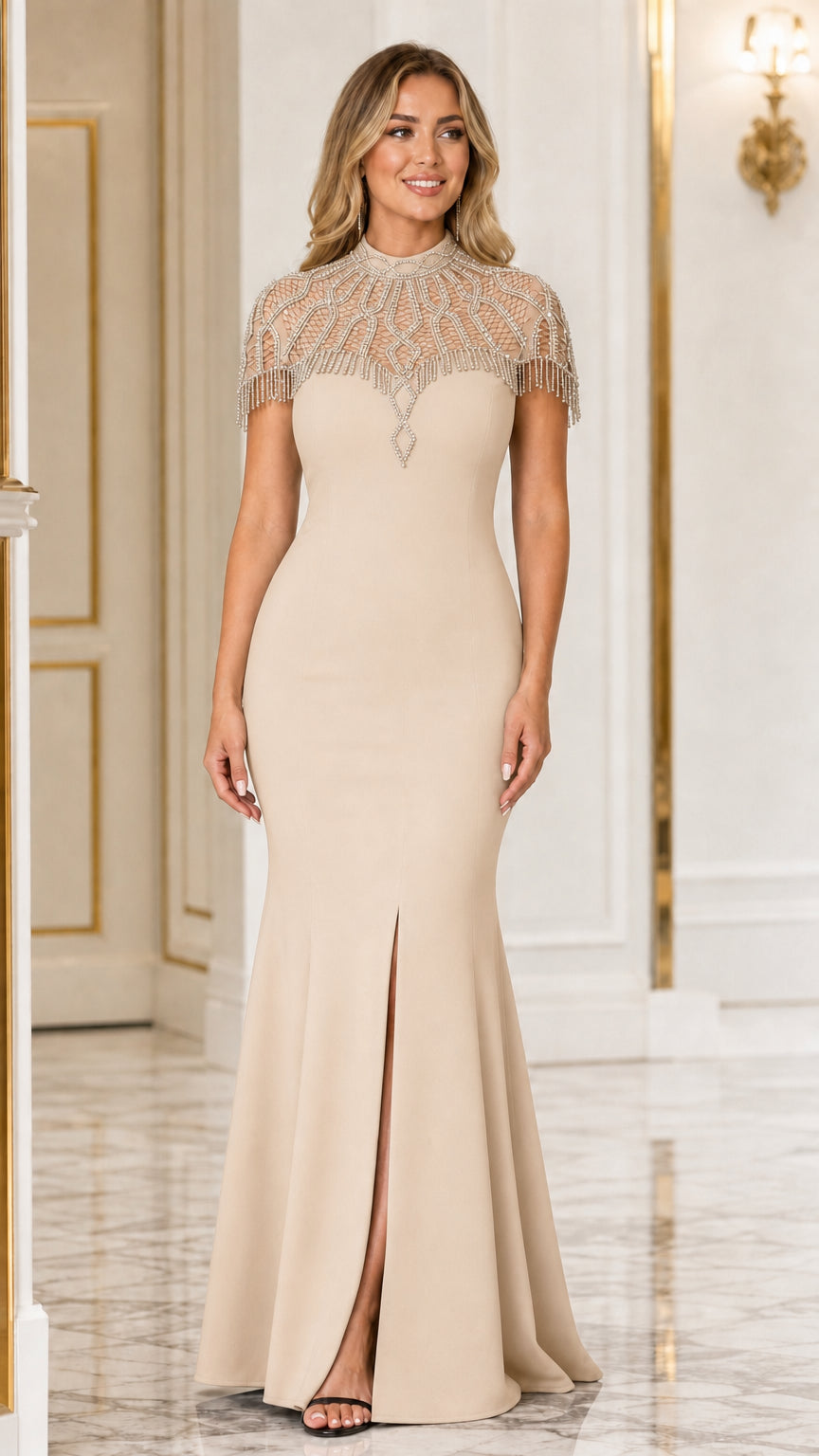Champagne beige beaded capelet high neck formal gown