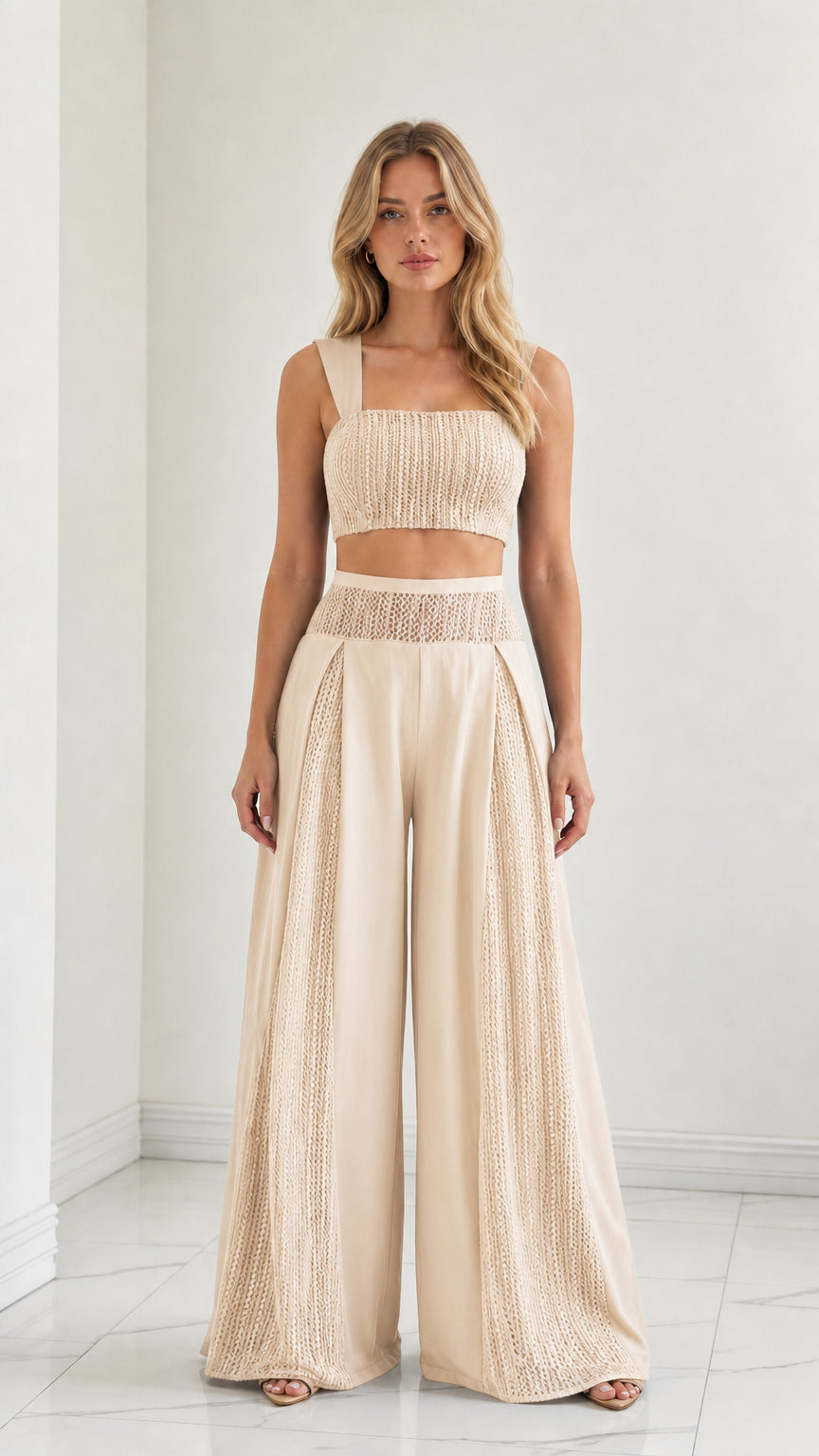 Model wearing Cream beige two-piece crop top and wide-leg trouser set
