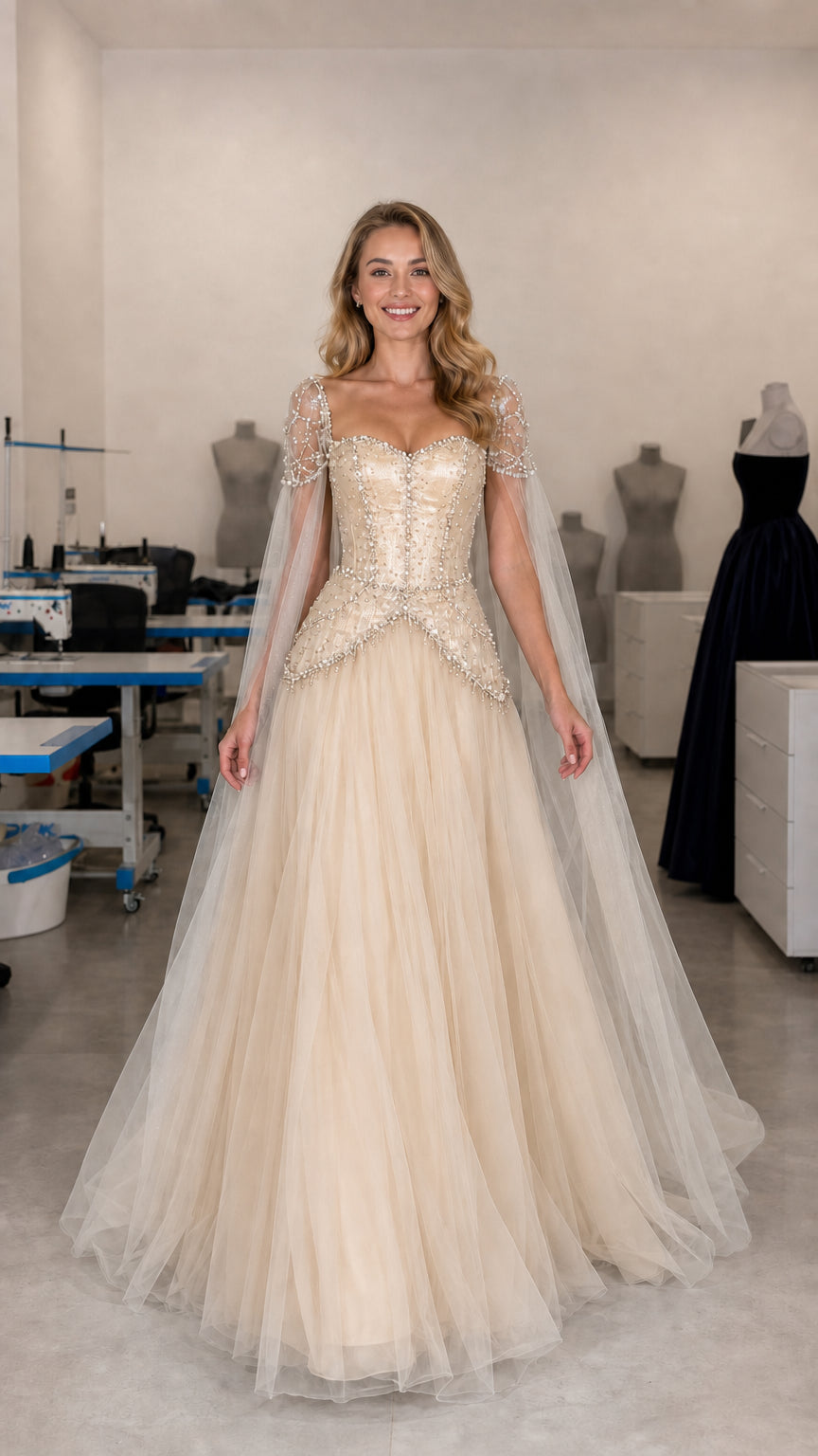 Front view of champagne gold embellished corset tulle formal gown