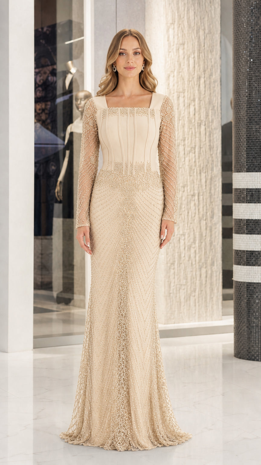 Front view of champagne cream beaded long sleeve floor-length gown