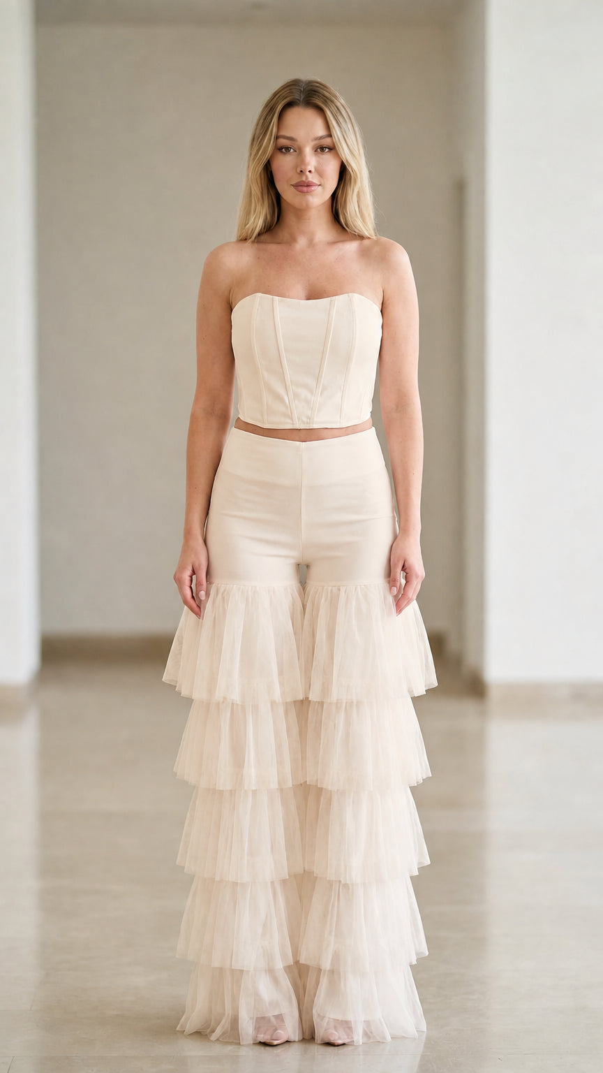Champagne beige strapless corset crop top and layered tulle flare pants
