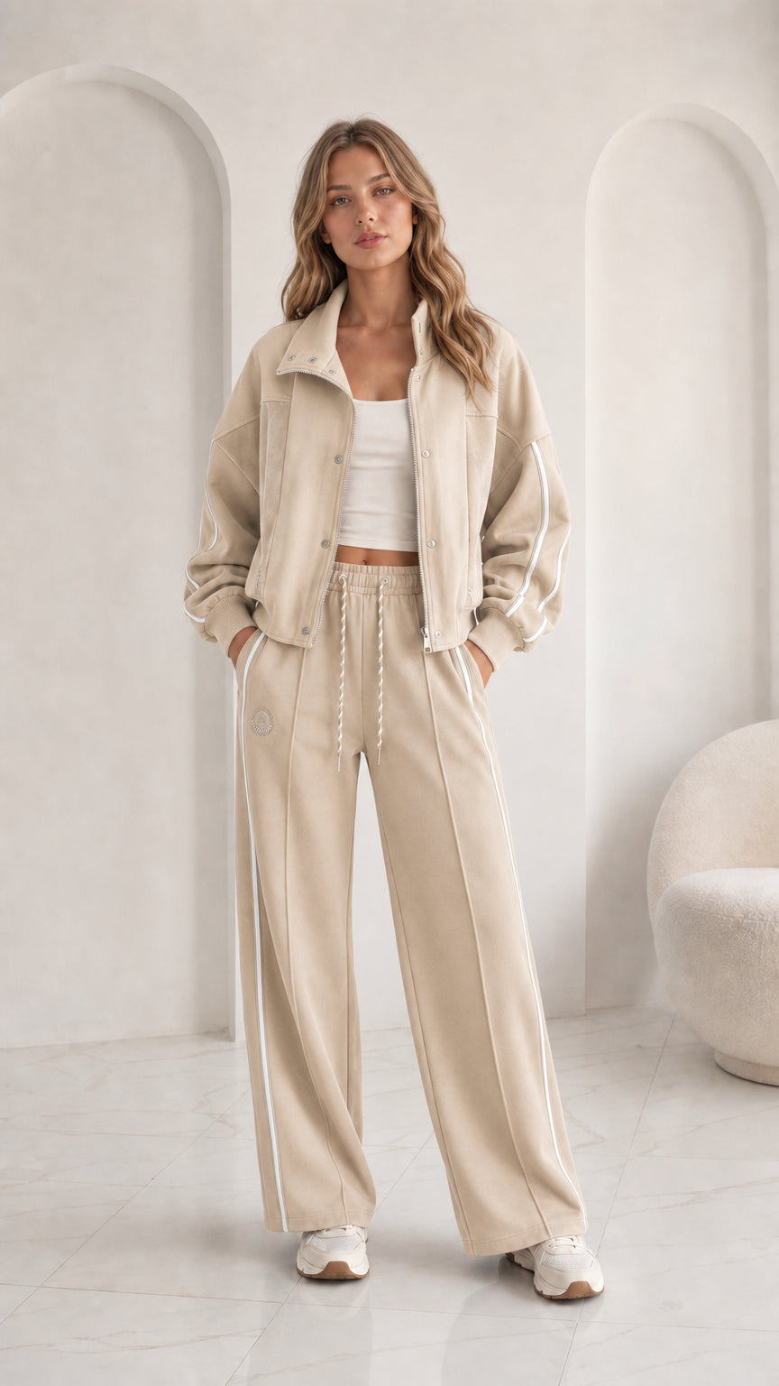 Women's beige neutral 2-piece wide leg tracksuit loungewear set