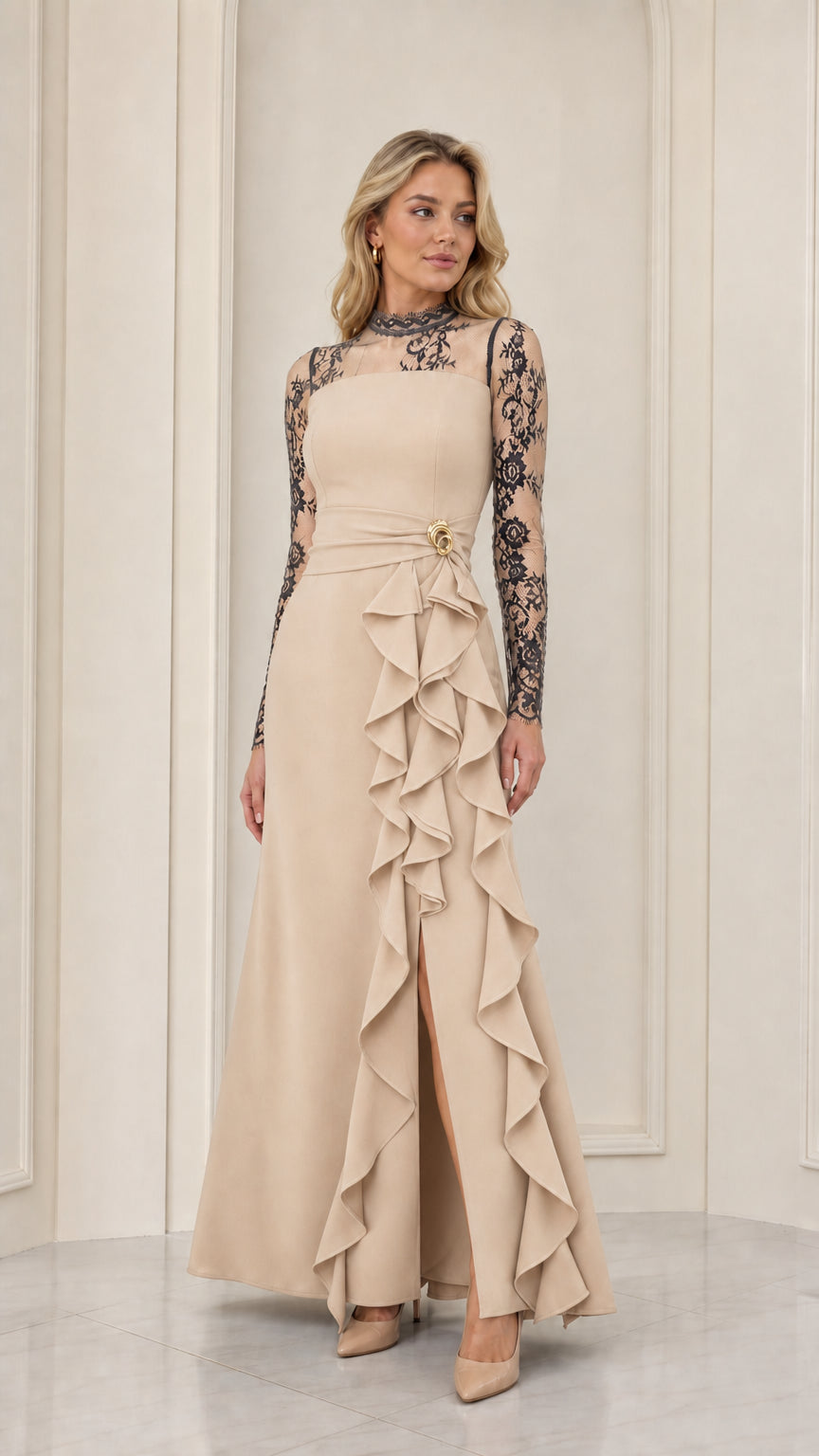 Champagne beige formal evening gown with black sheer lace long sleeves