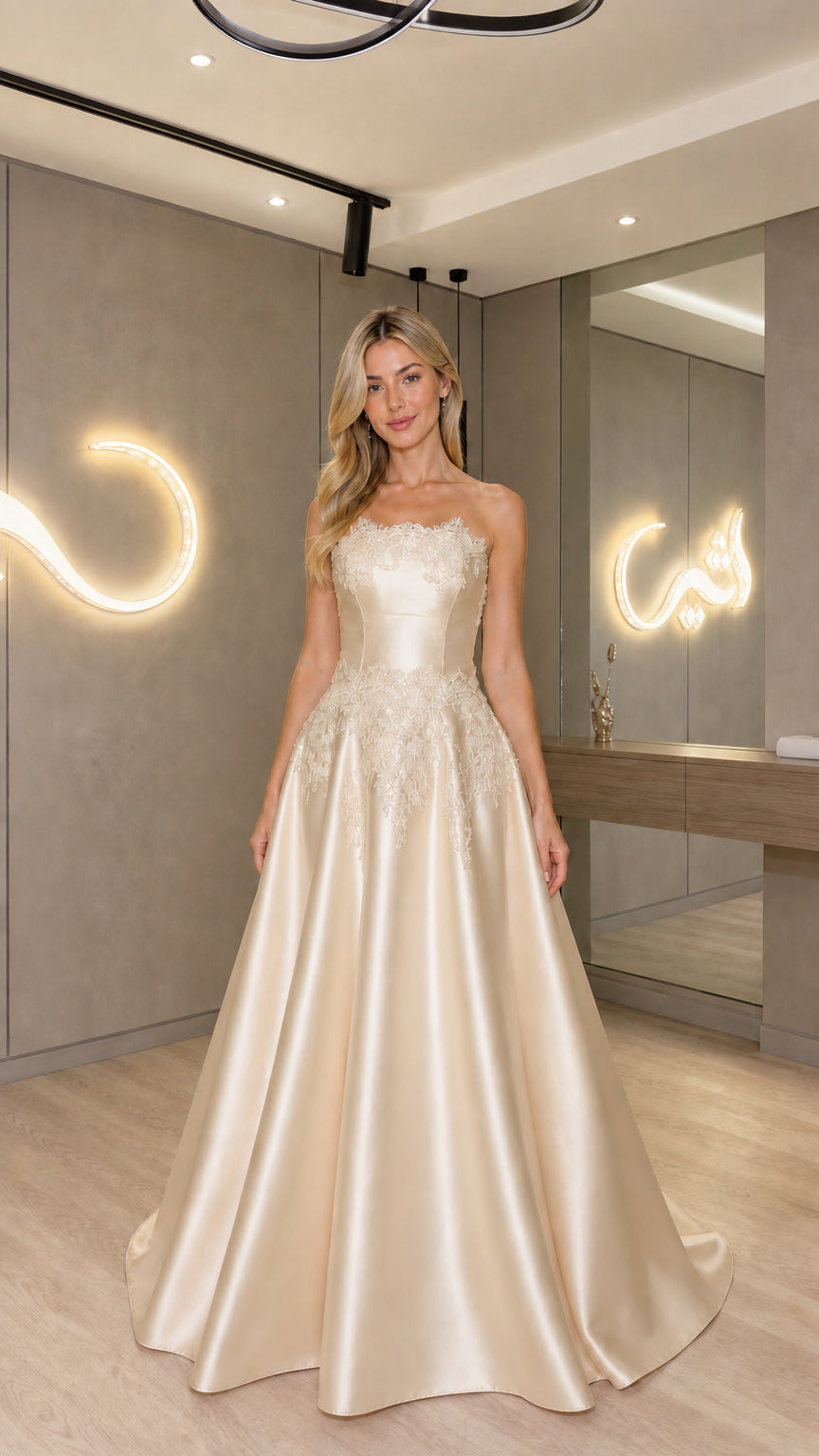 Champagne gold strapless lace appliqué satin formal gown