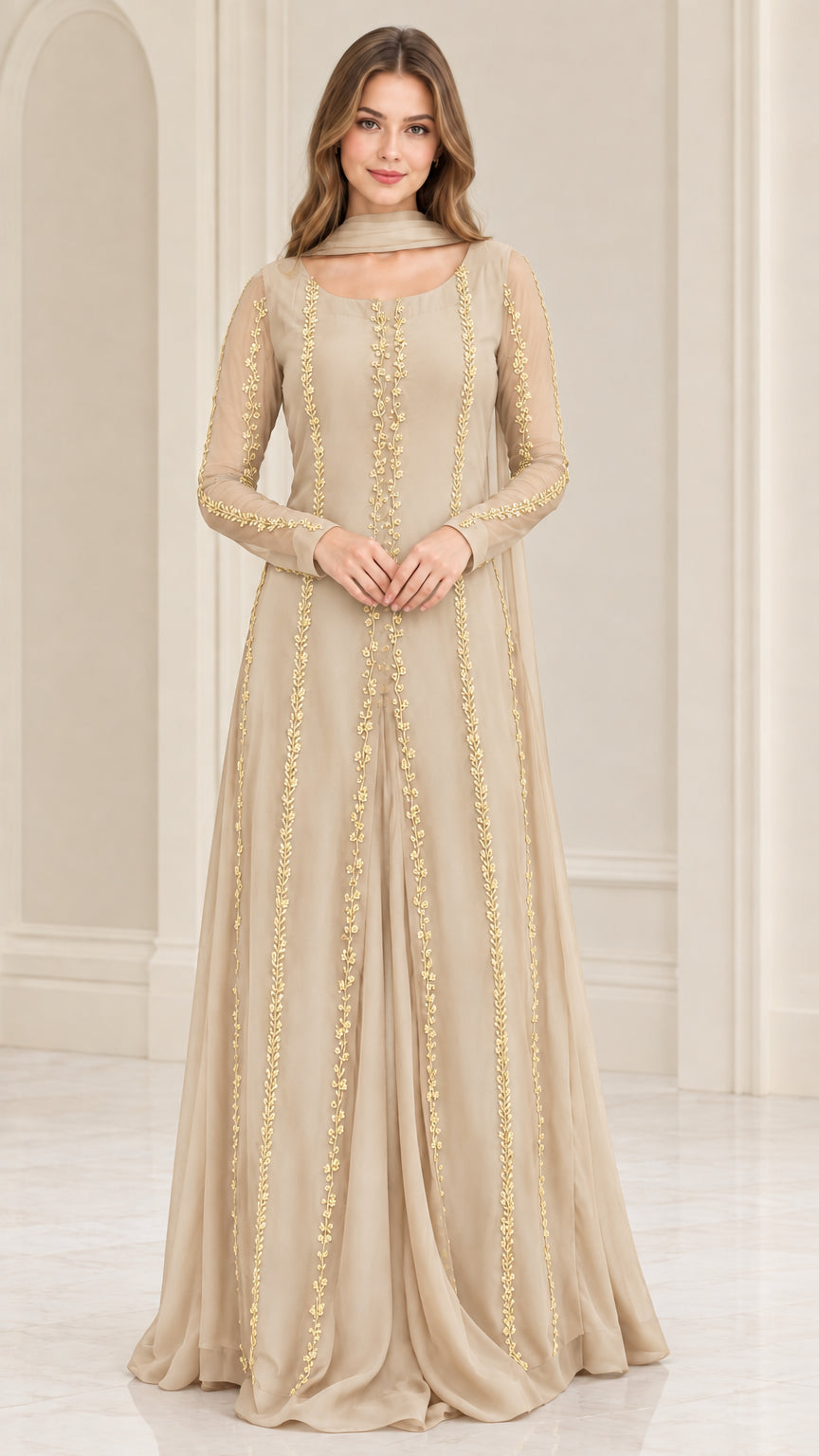 Front view of champagne beige embroidered long sleeve evening maxi gown