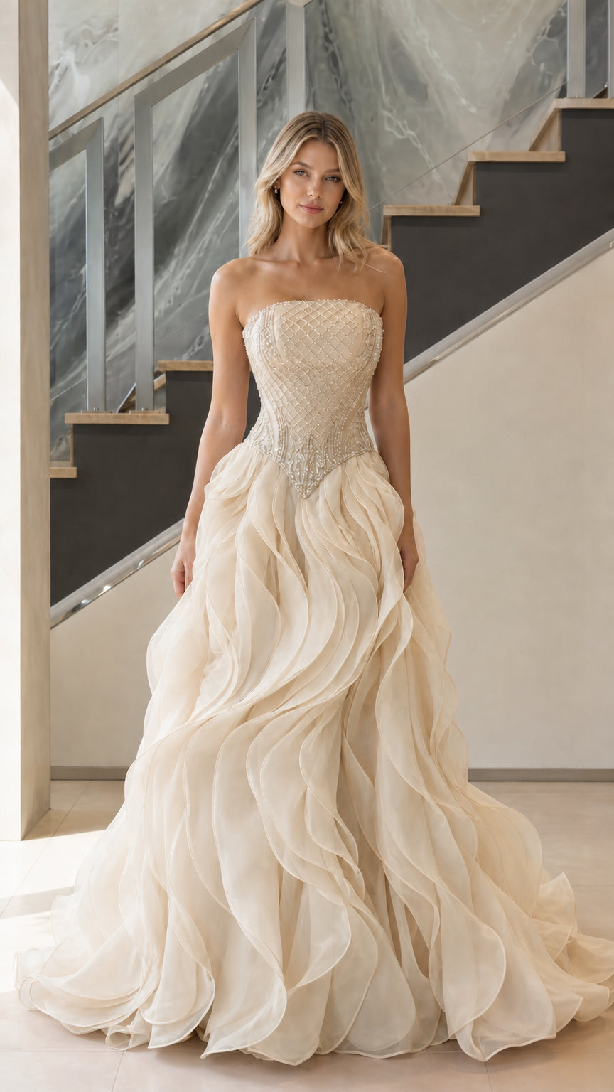 Front view of champagne ivory strapless beaded ruffle ball gown