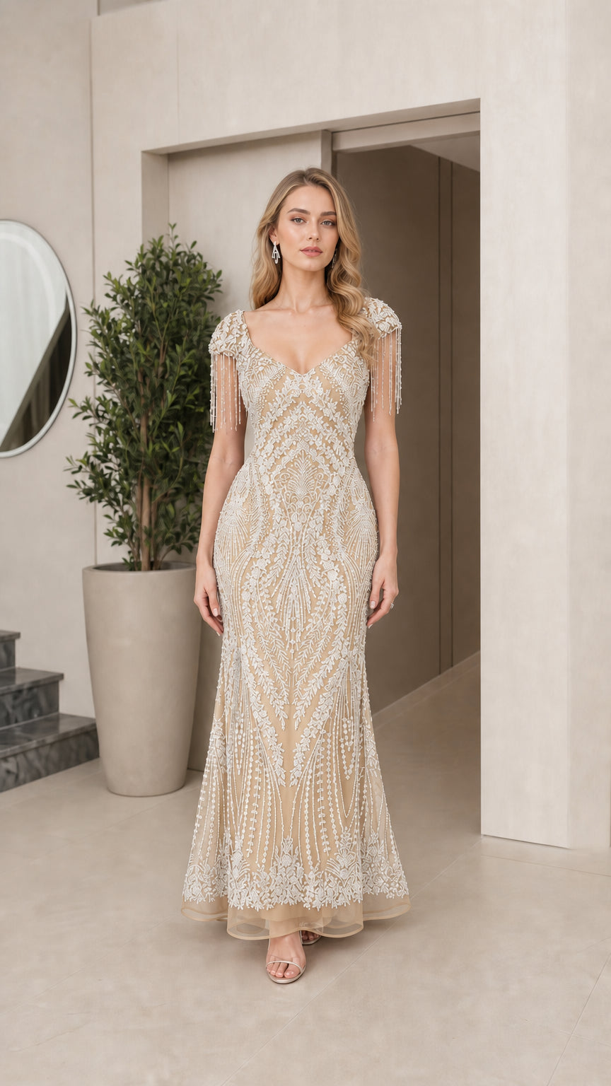Champagne gold sequin mermaid formal dress with beaded tassels
