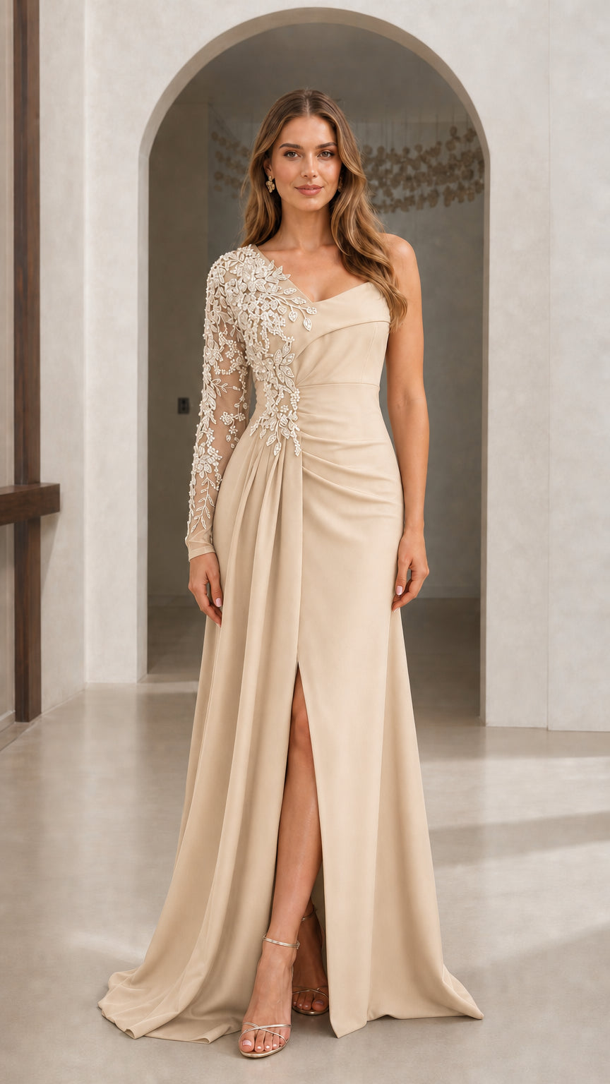 Champagne beige one-shoulder evening gown with silver crystal floral sleeve