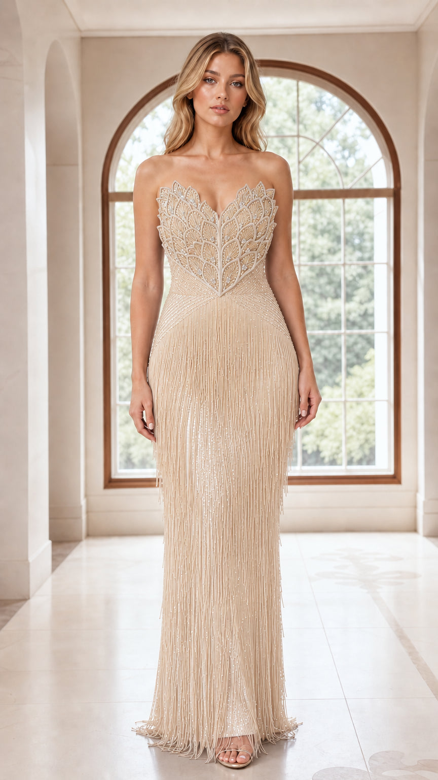 Model wearing champagne gold strapless beaded fringe formal dress