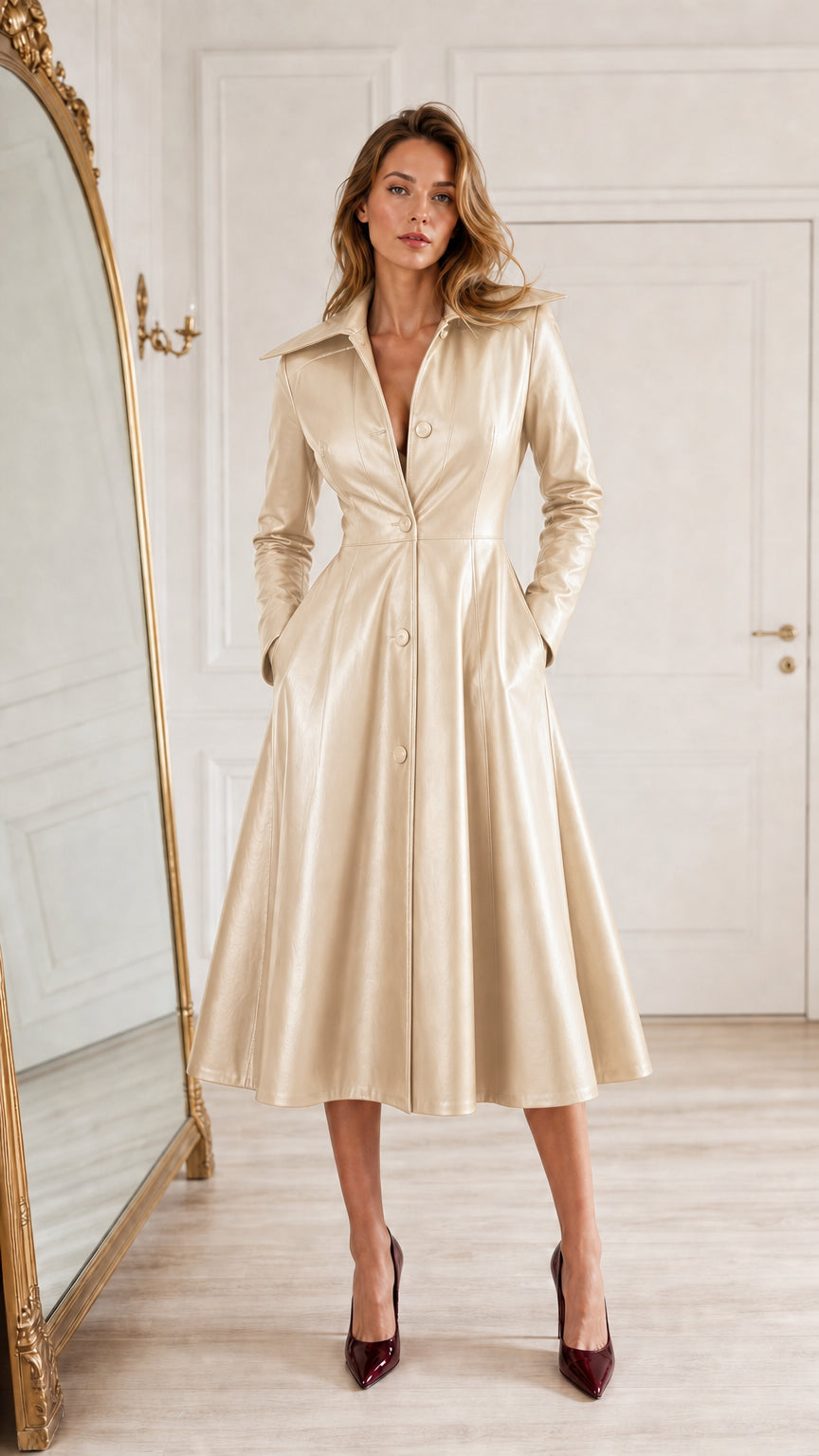 Front full-length view of woman wearing champagne beige faux leather midi coat dress
