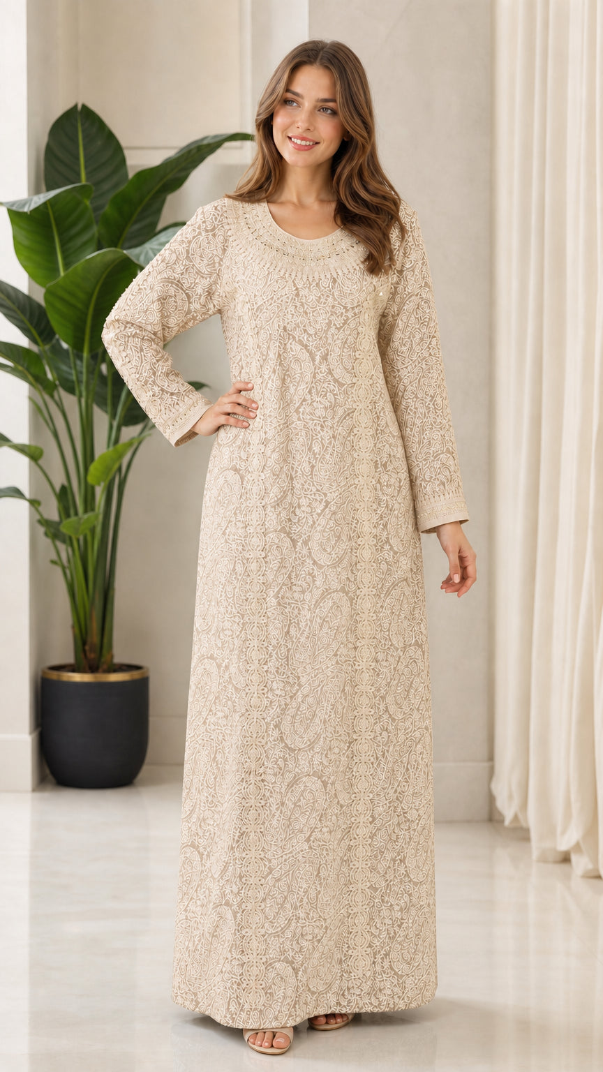 Model wearing cream beige embroidered long sleeve kaftan maxi dress