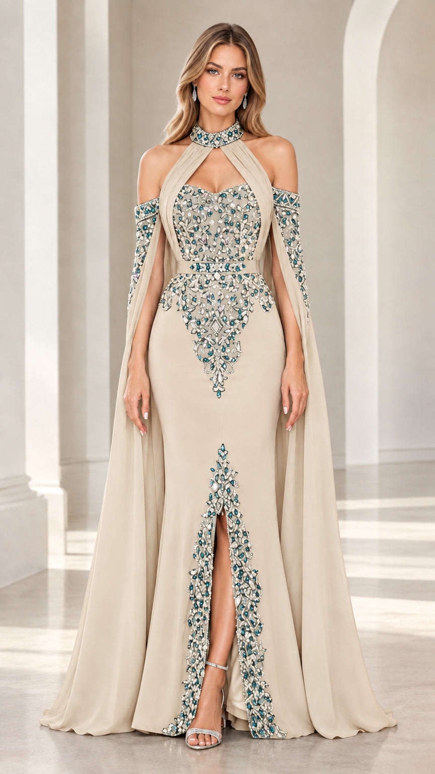 Champagne beige high-neck beaded formal gown with long cape sleeves