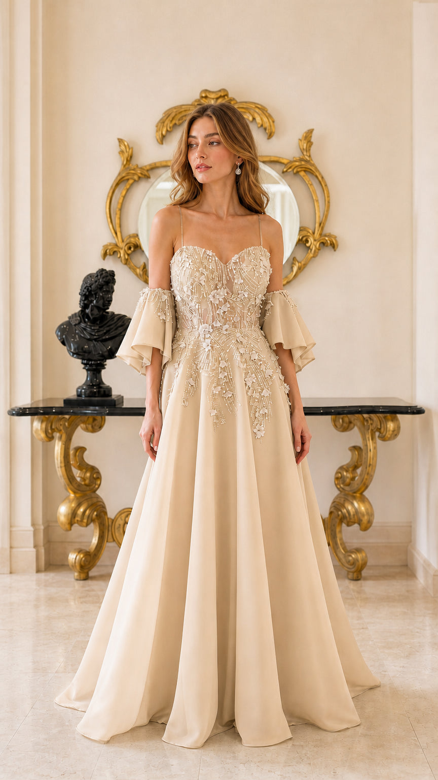 Champagne elegant beaded and embroidered evening gown with flowing chiffon skirt