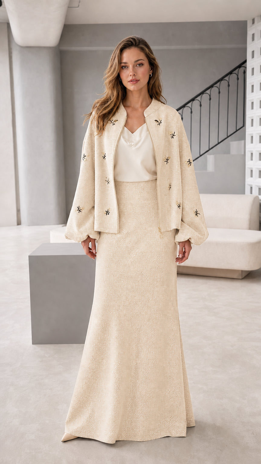 Women's embroidered jacket and maxi skirt set in cream off-white