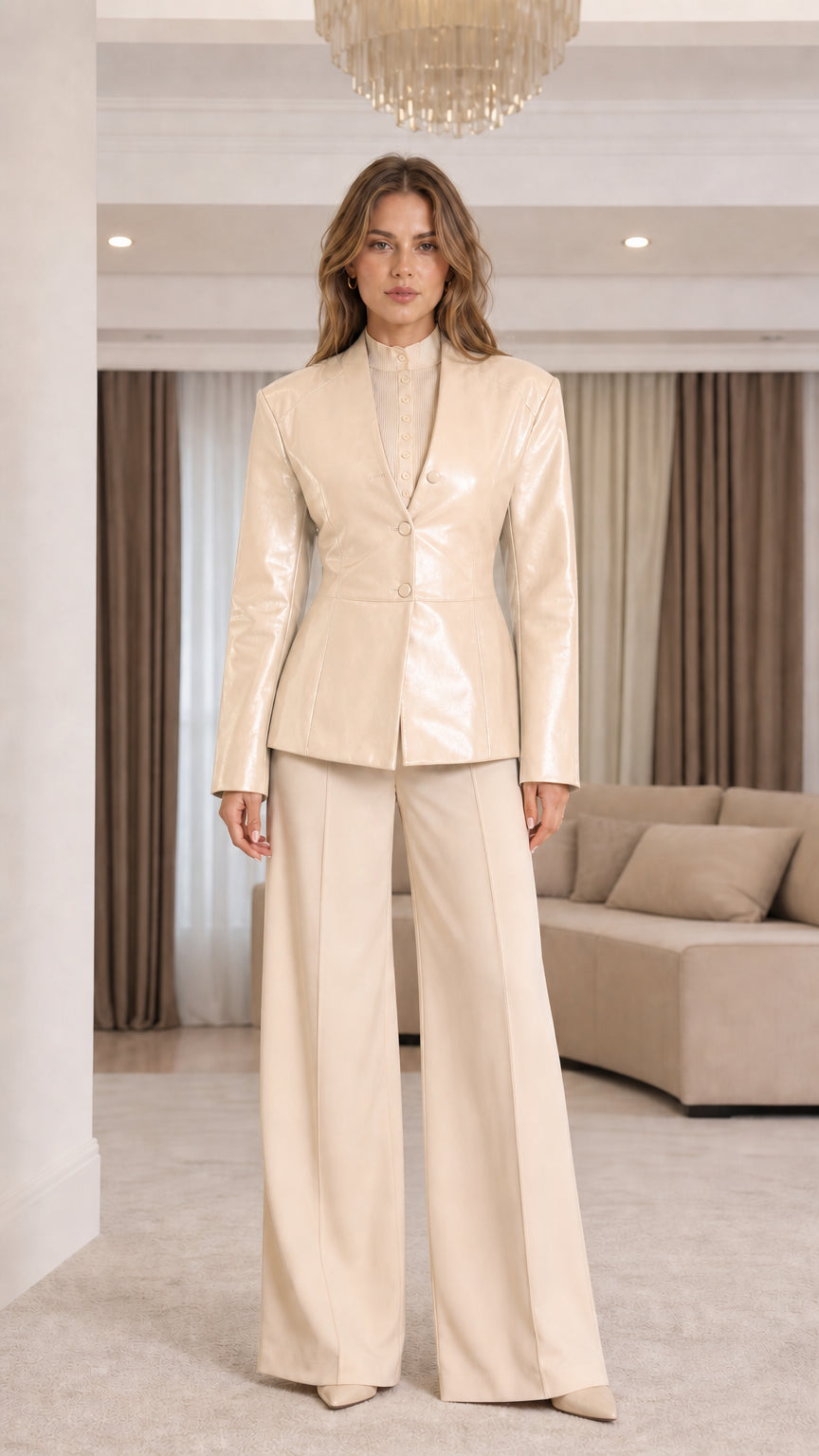 Front view of model wearing Cream off-white faux leather blazer
