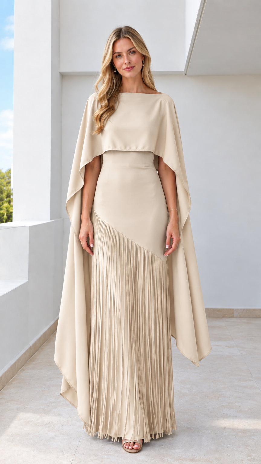 Champagne beige capelet formal maxi gown with movement fringe