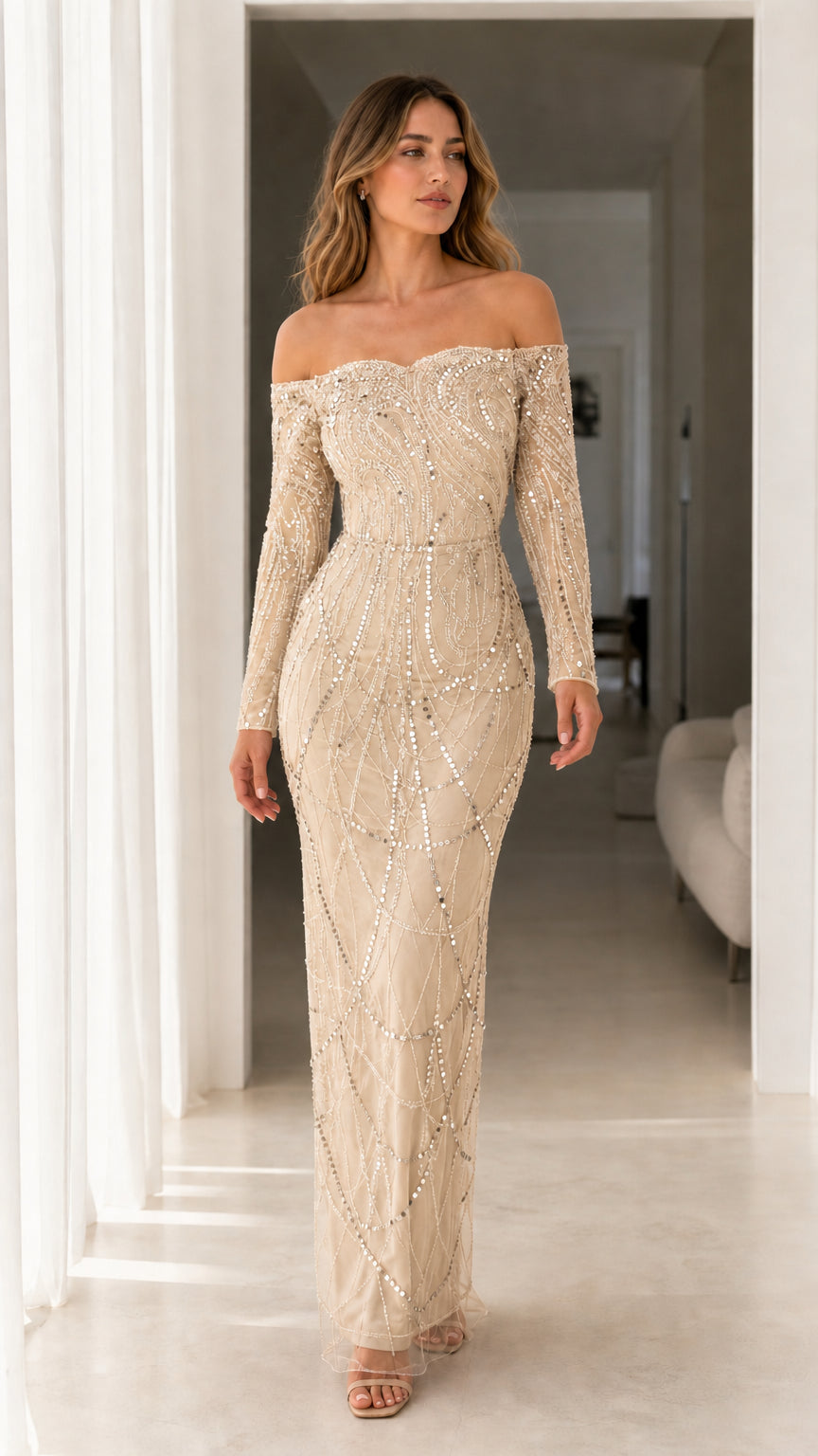 Champagne beige off-the-shoulder long sleeve sequin evening maxi gown