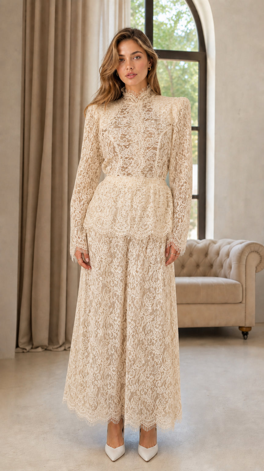 Front full view of woman wearing champagne cream floral lace wide leg jumpsuit