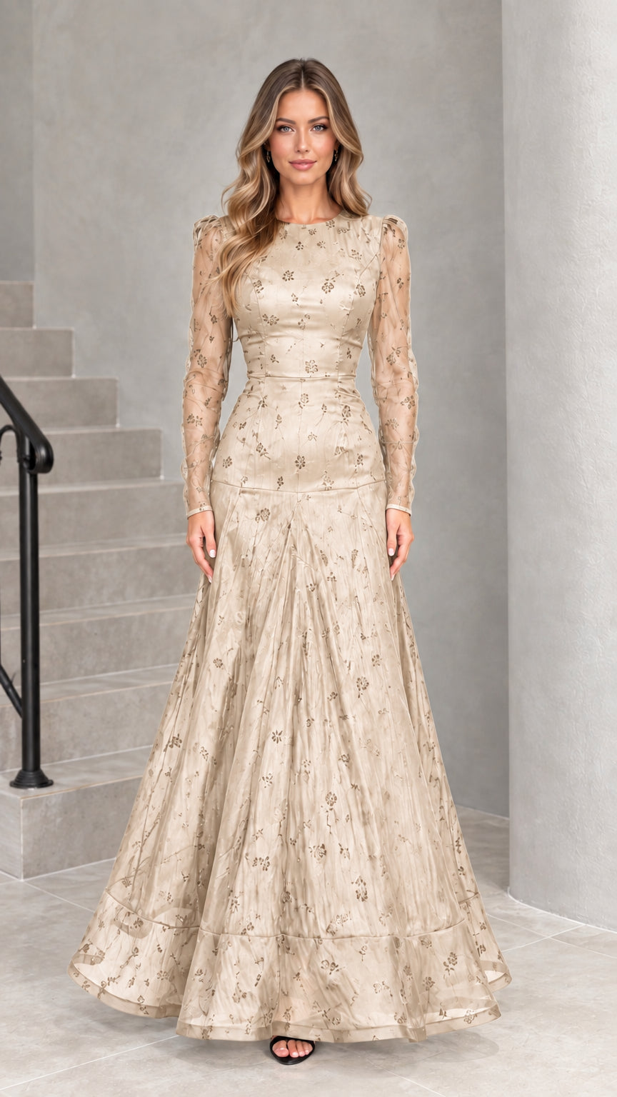 Champagne beige floral embroidered long sleeve maxi evening dress