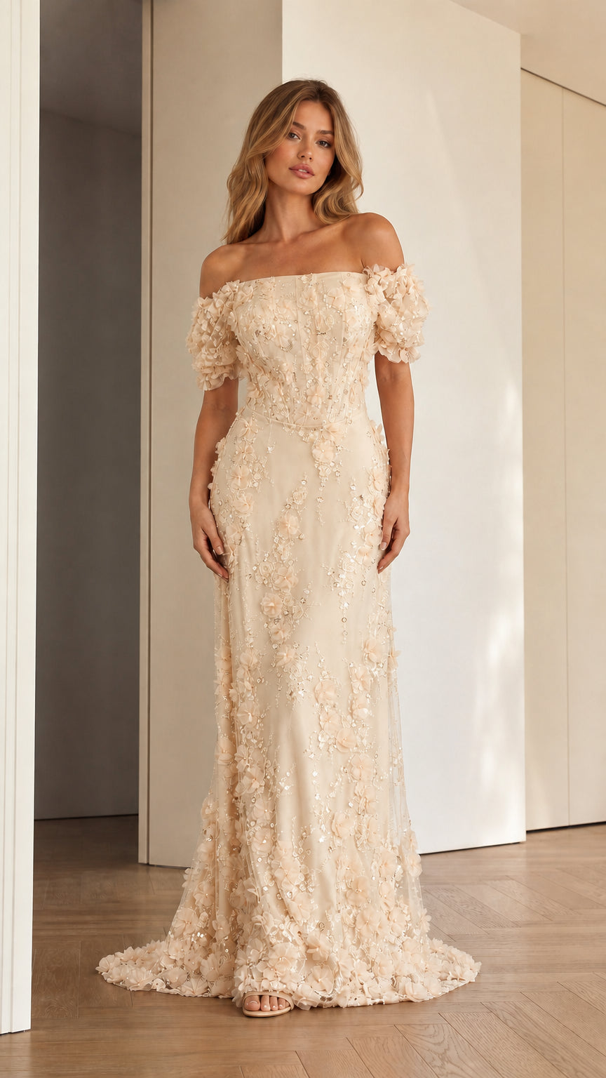 Champagne off-the-shoulder 3D floral sequin evening gown