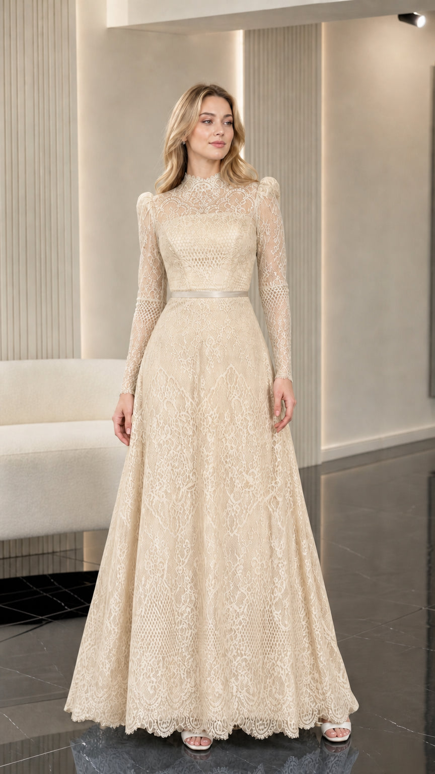 Full front view of champagne beige long sleeve lace evening dress