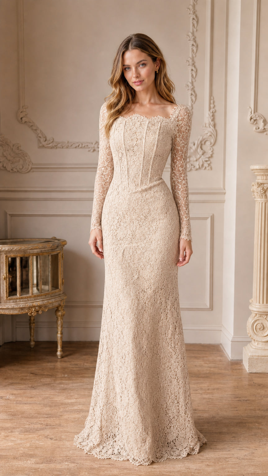Front view of champagne beige long sleeve lace corset floor-length gown