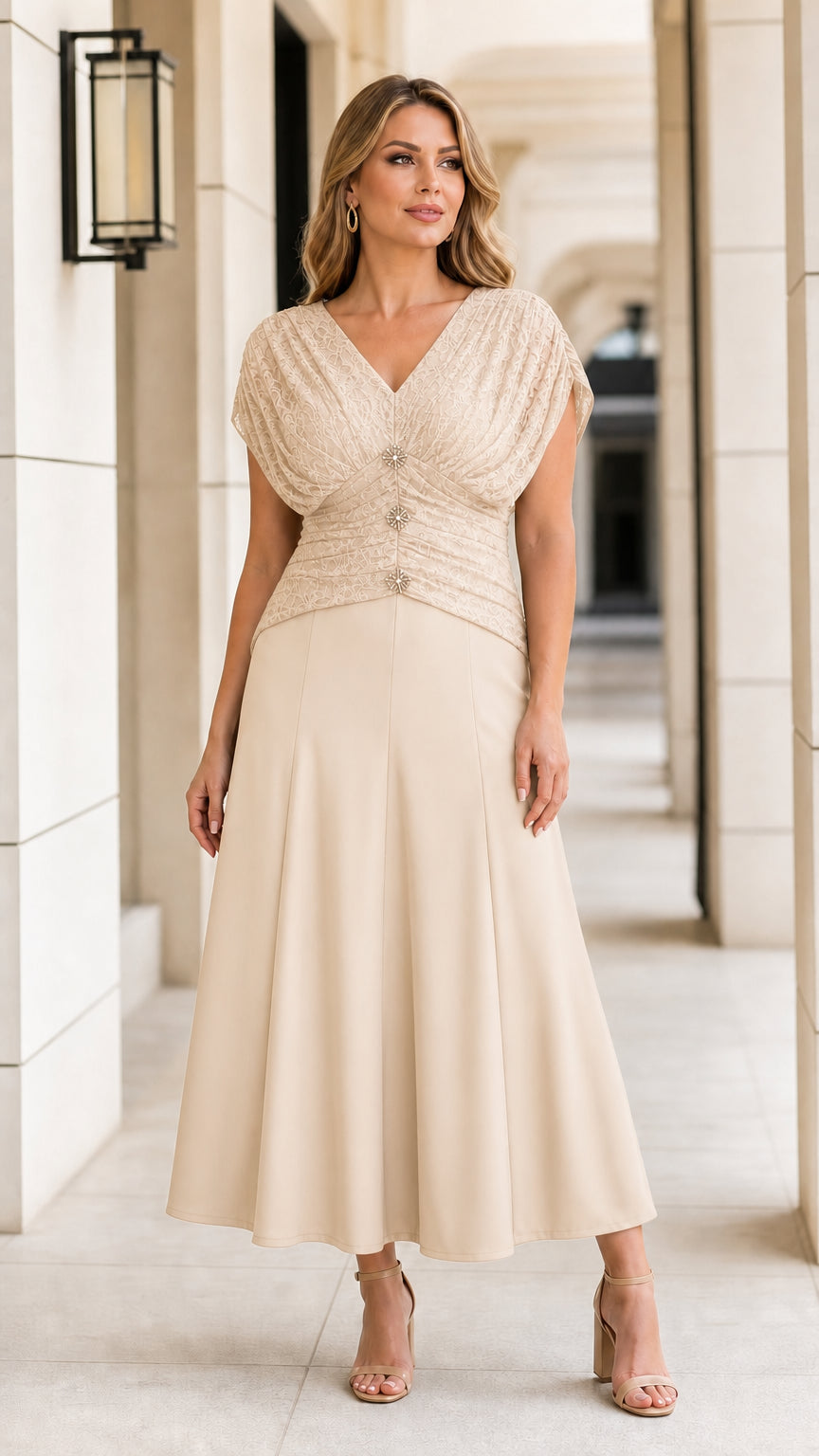 Model wearing champagne beige ruched V-neck elegant midi dress