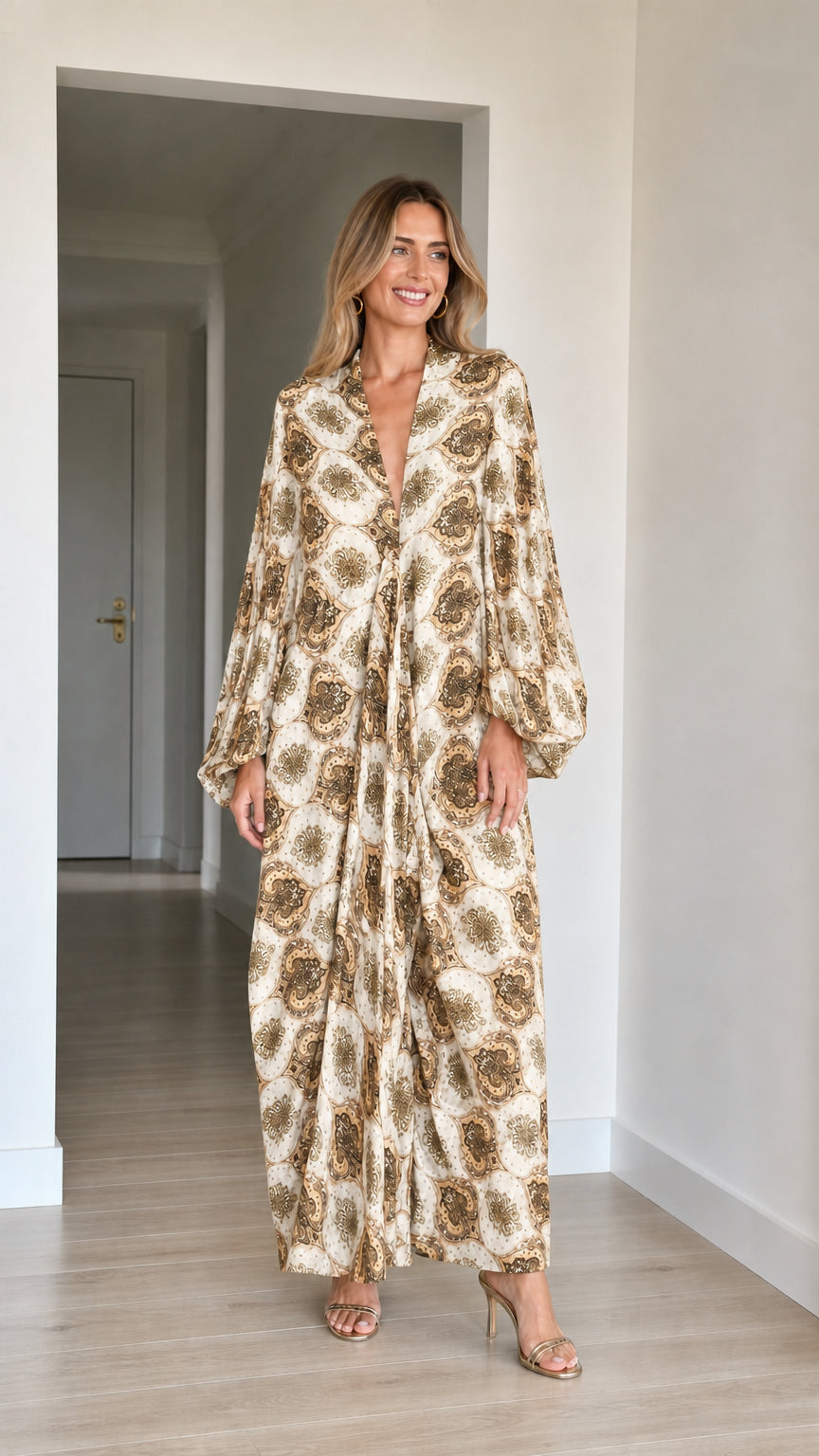 Model wearing Cream and beige paisley print long sleeve maxi dress