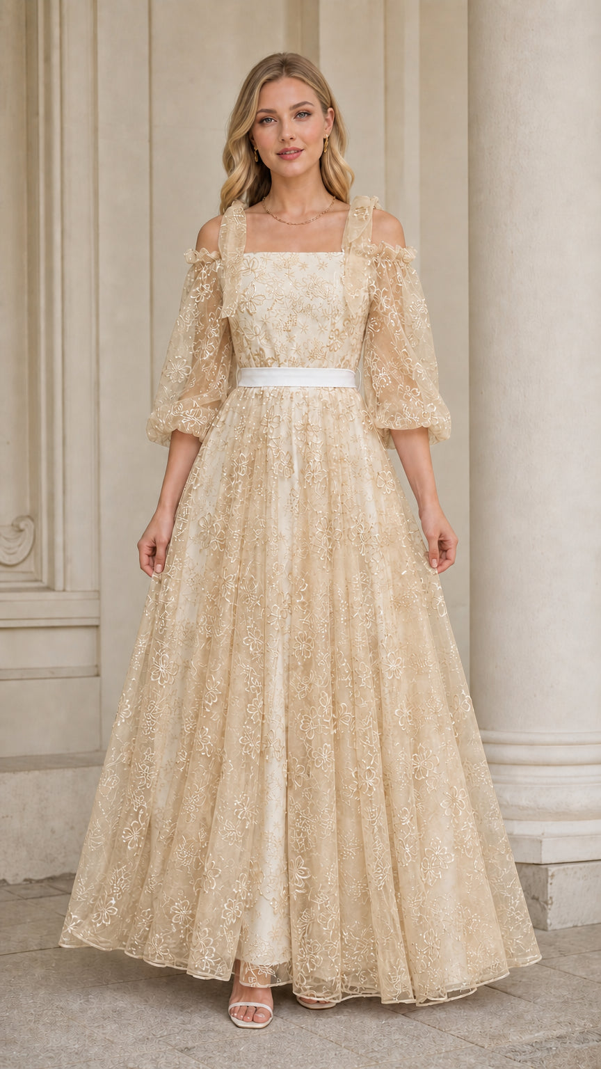 Champagne gold cold shoulder embroidered lace maxi gown with waist sash